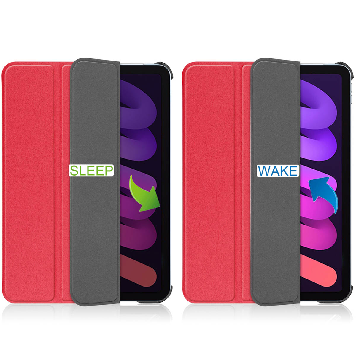 Red tablet cover with tablet showing colorful lines. Shows 'Sleep' and 'Wake' labels with arrows.