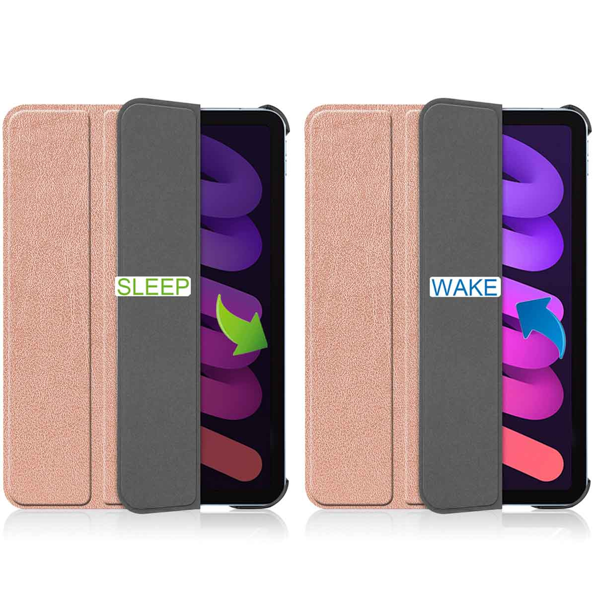 Twee iPad-hoesjes, één open, die het scherm laat zien dat van slaap naar wakker verandert.
