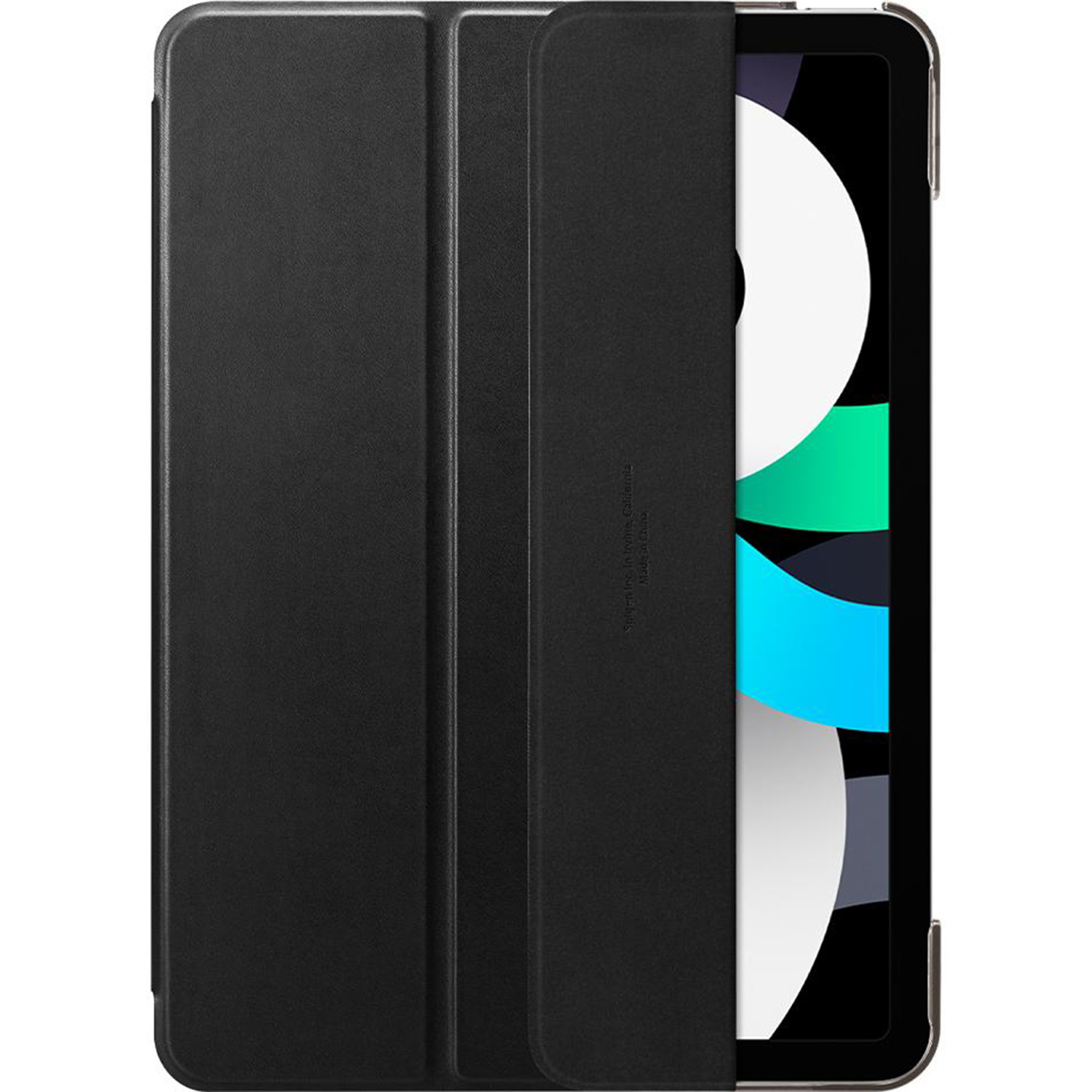 Black tablet case, closed. The cover is made of black material. The case is covering the screen.