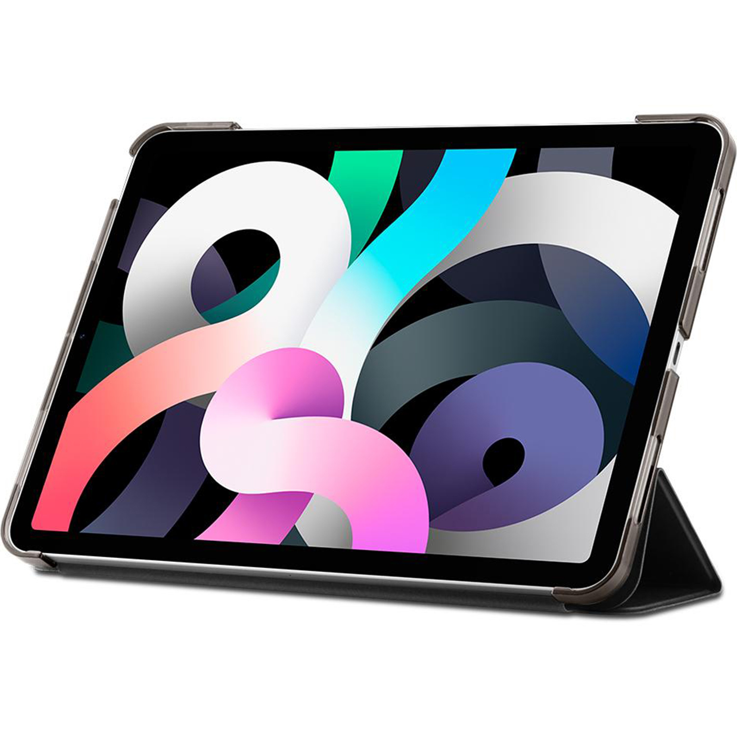 Tablet with colorful abstract design on screen, in a protective case.