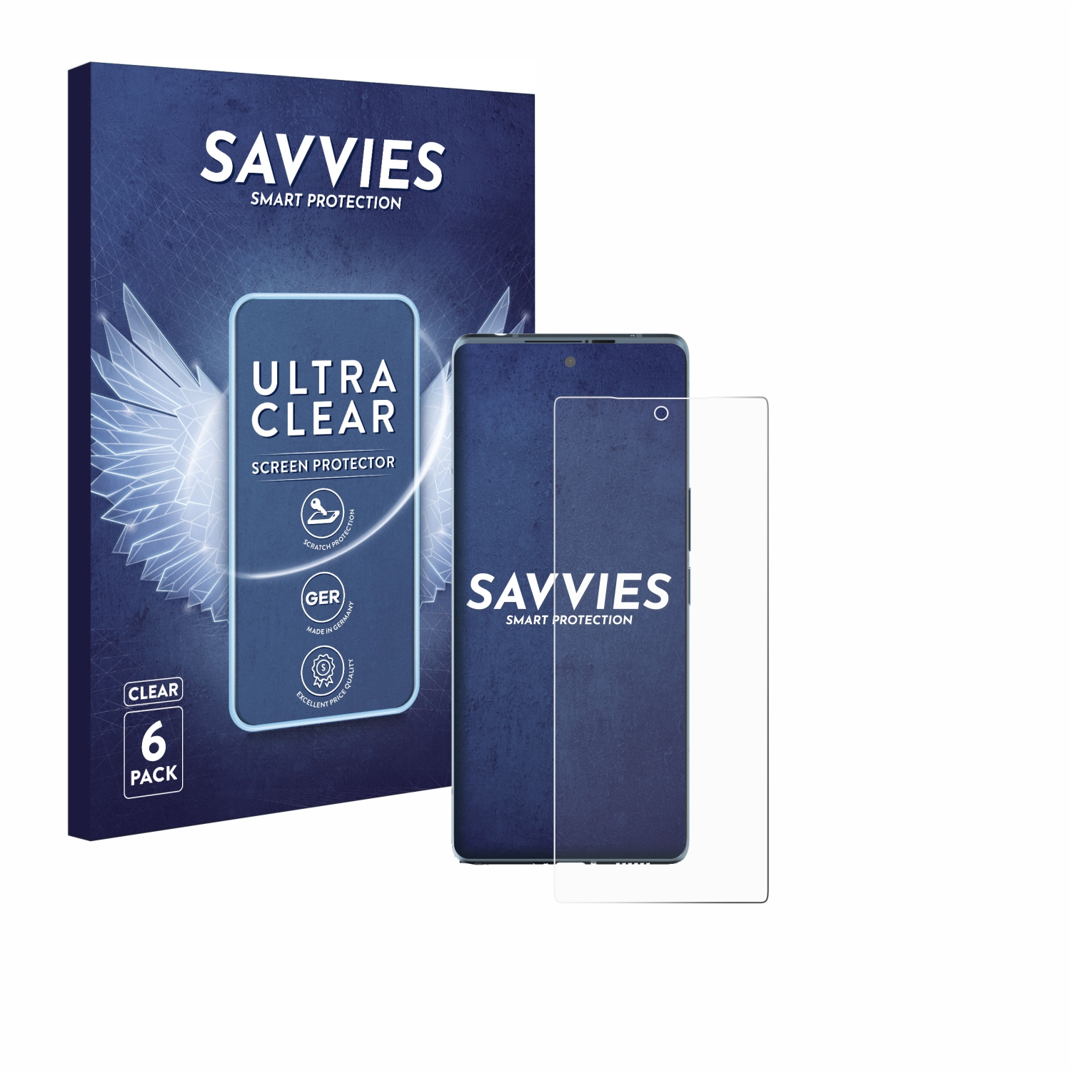 Ein Smartphone mit einer Displayschutzfolienbox mit der Aufschrift 'SAVVIES SMART PROTECTION'.