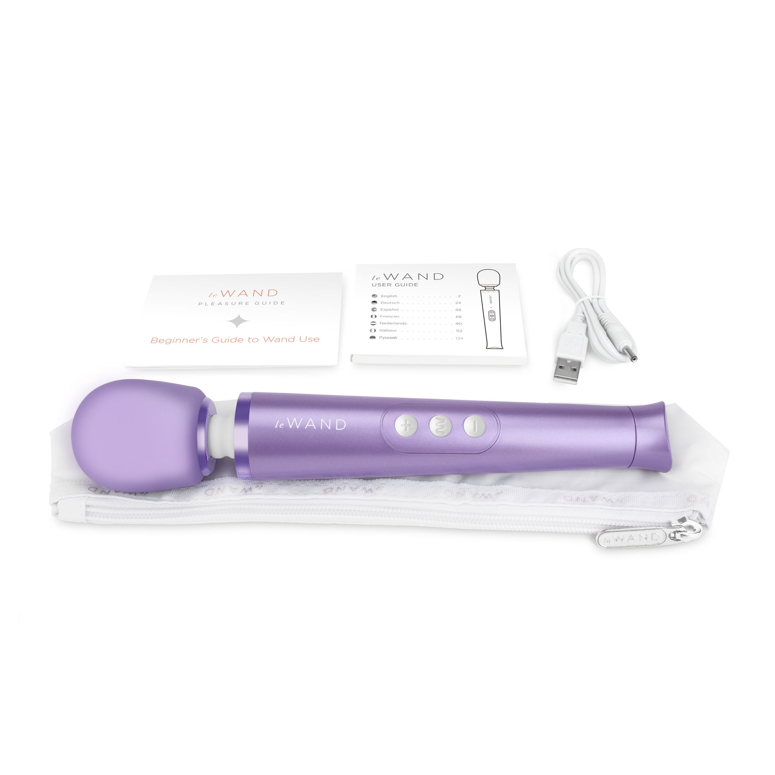 Ein lila Vibrator mit Zubehör.