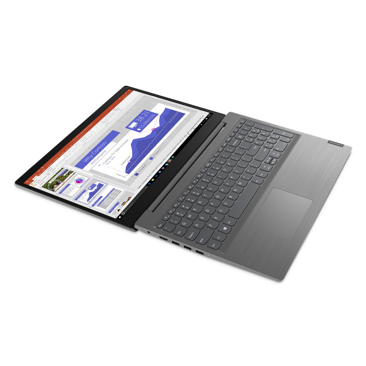 Laptop aperto che mostra un grafico e una tastiera, su sfondo bianco.