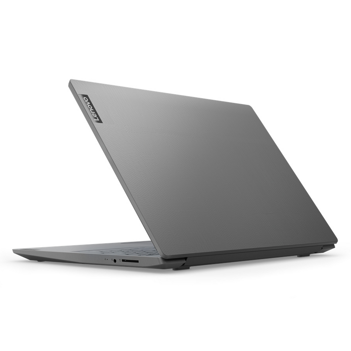 Laptop grigio, chiuso, vista angolata, con logo Lenovo visibile.