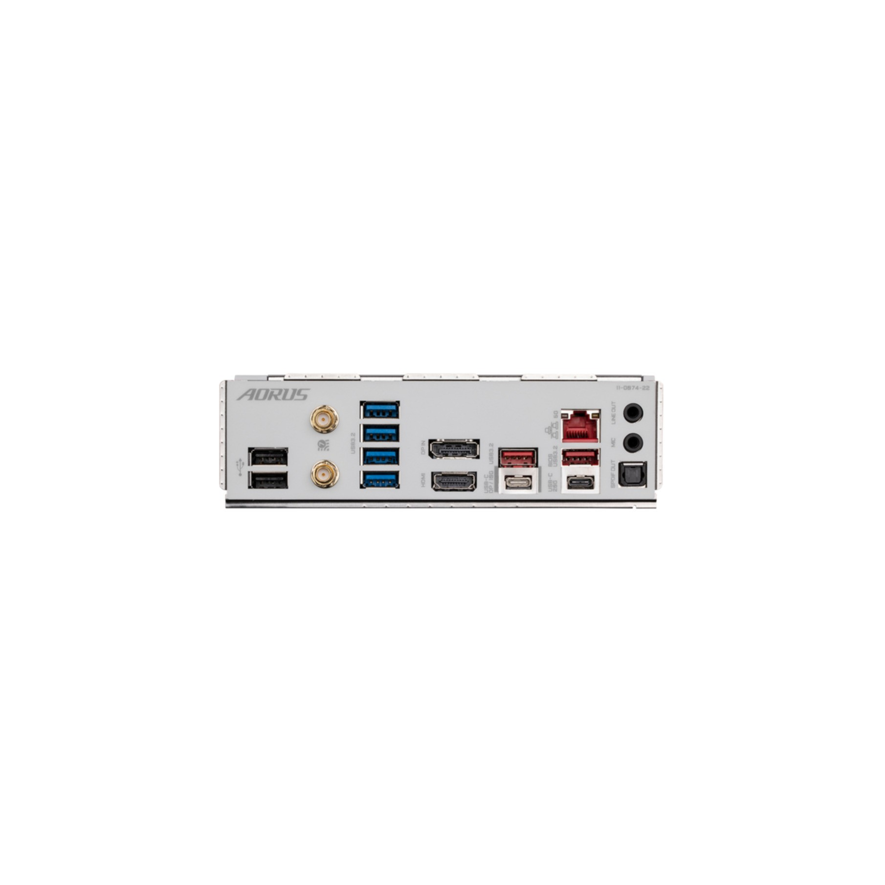 Scheda madre del computer con porte e connettori. Logo AORUS in alto a sinistra.