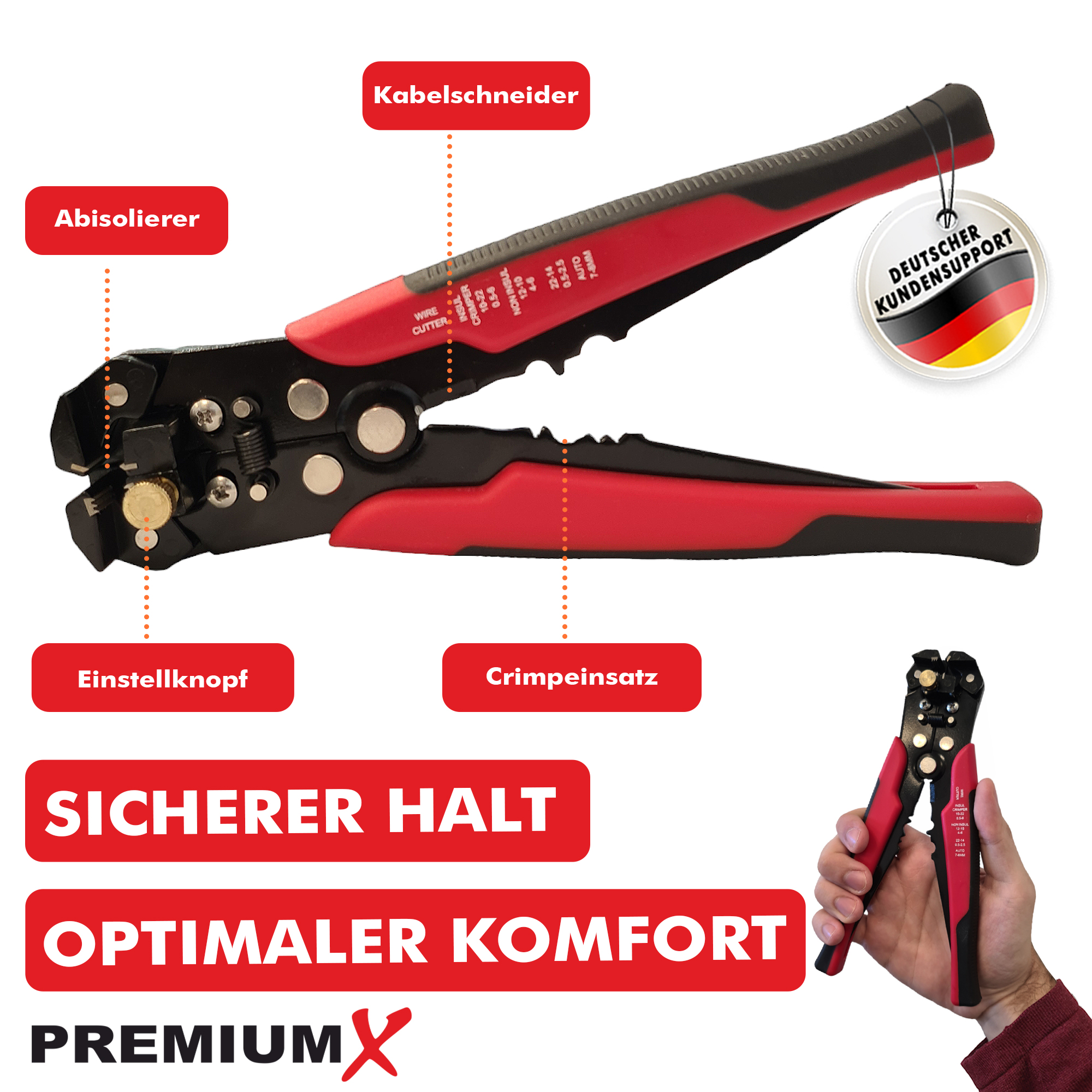 Ein roter und schwarzer Abisolierer mit Etiketten wird angezeigt.