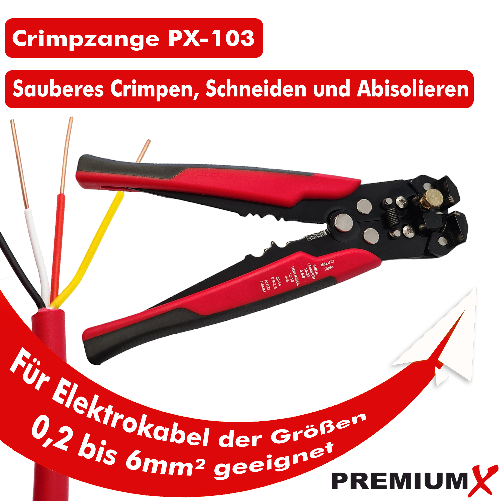 Abisolierzange mit roten und schwarzen Griffen, schneidet und isoliert Drähte verschiedener Farben.