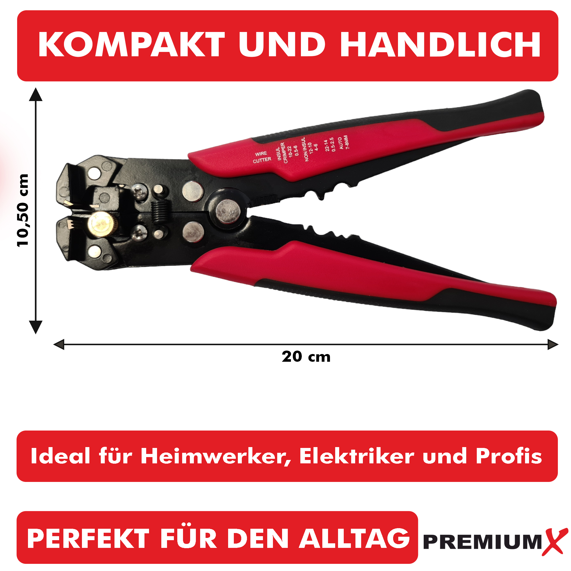 Roter und schwarzer Abisolierzange. Text lautet: Kompakt und handlich.