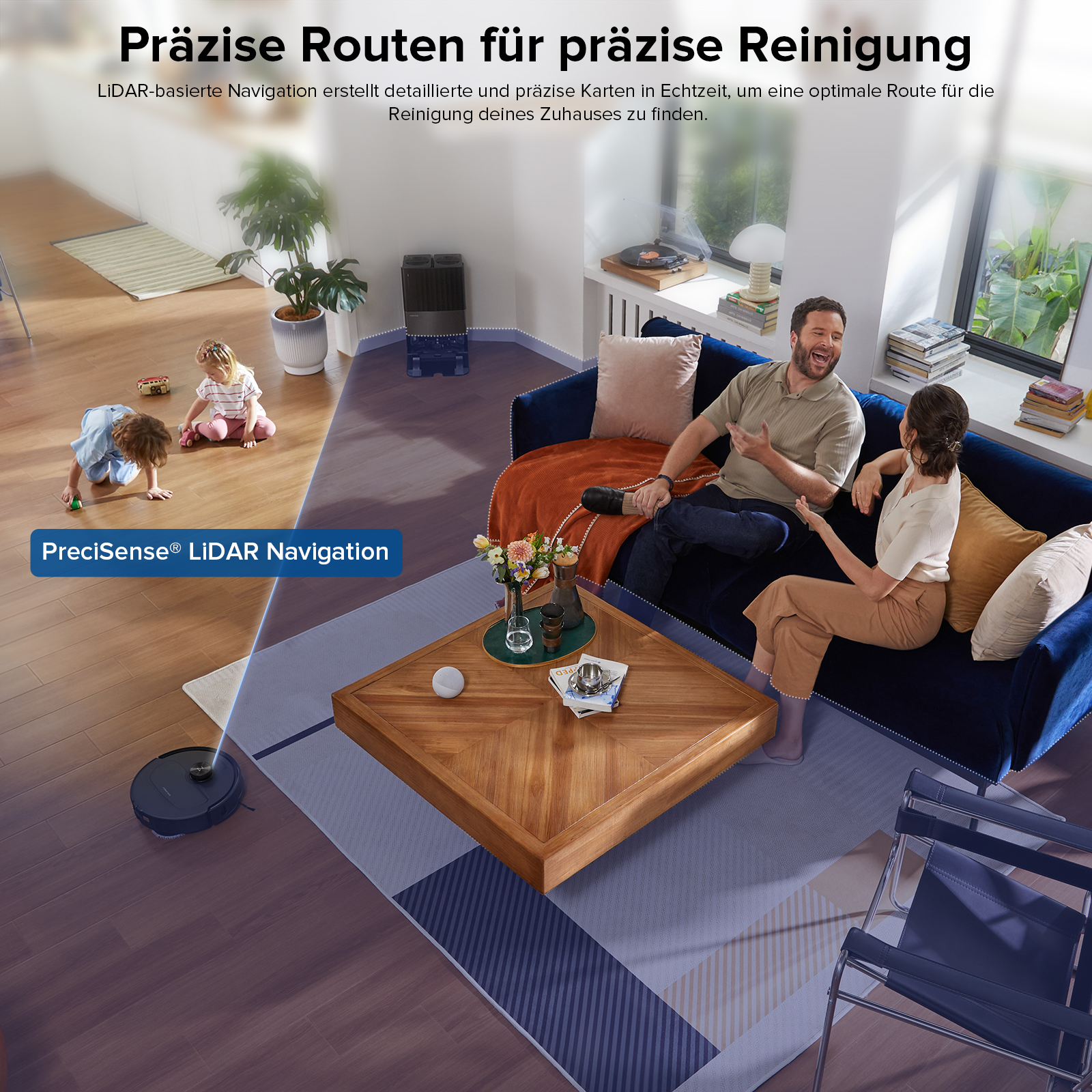 Wohnzimmer mit Familie, Roboterstaubsauger und Text über präzise Reinigungsrouten.