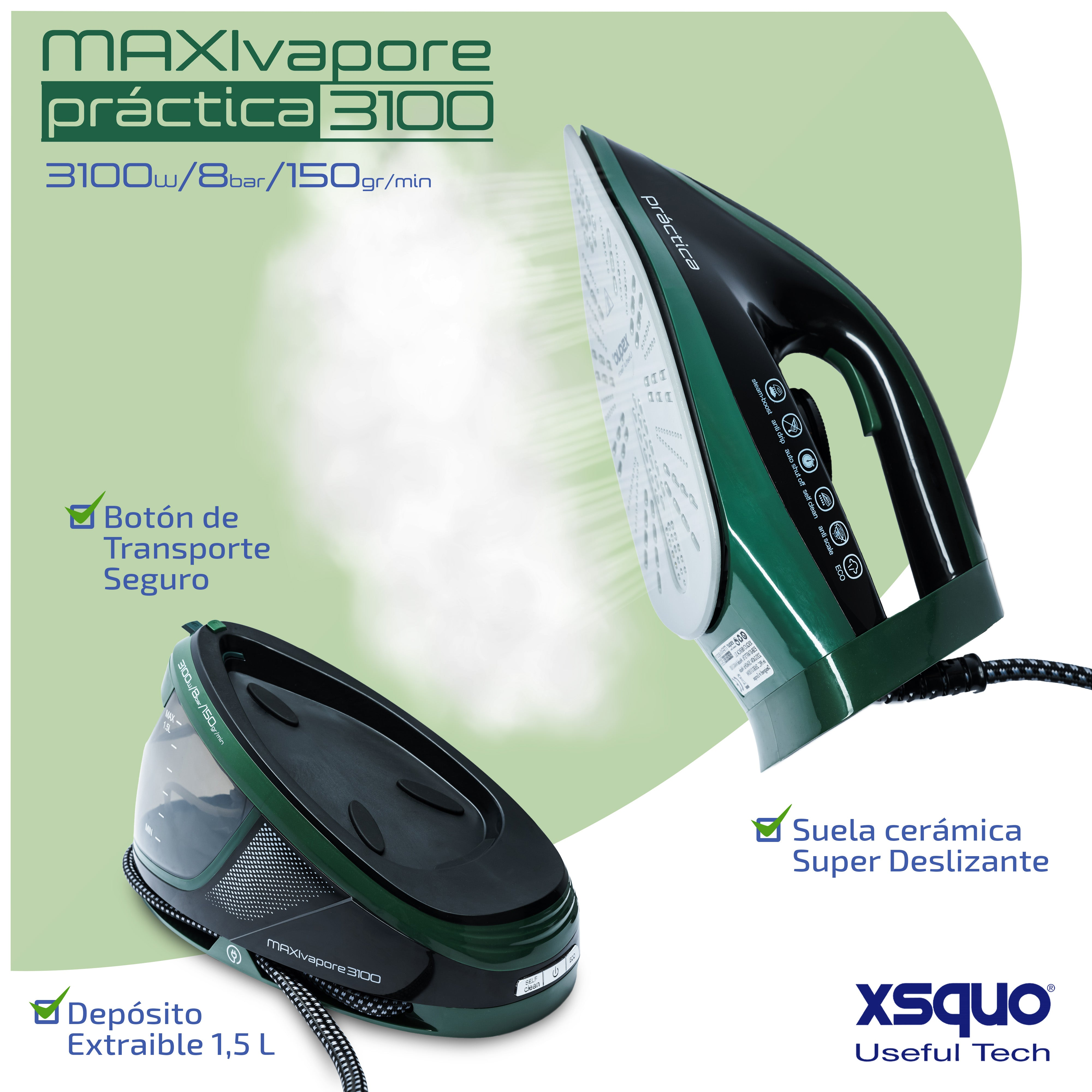 Sistema de planchado con plancha verde y depósito de agua extraíble.