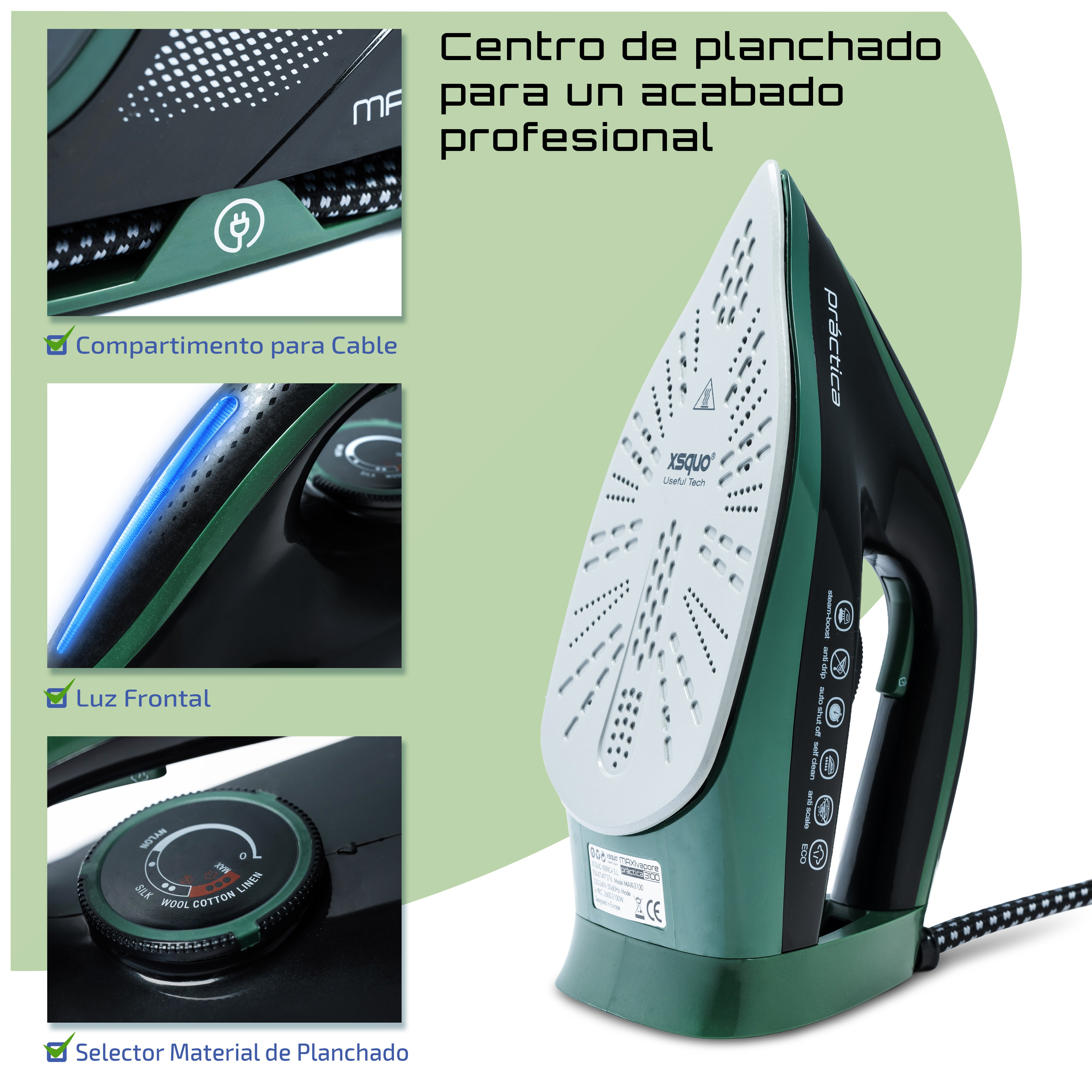 Plancha verde y negra con detalles, incluyendo un dial, luz y compartimento para cable.