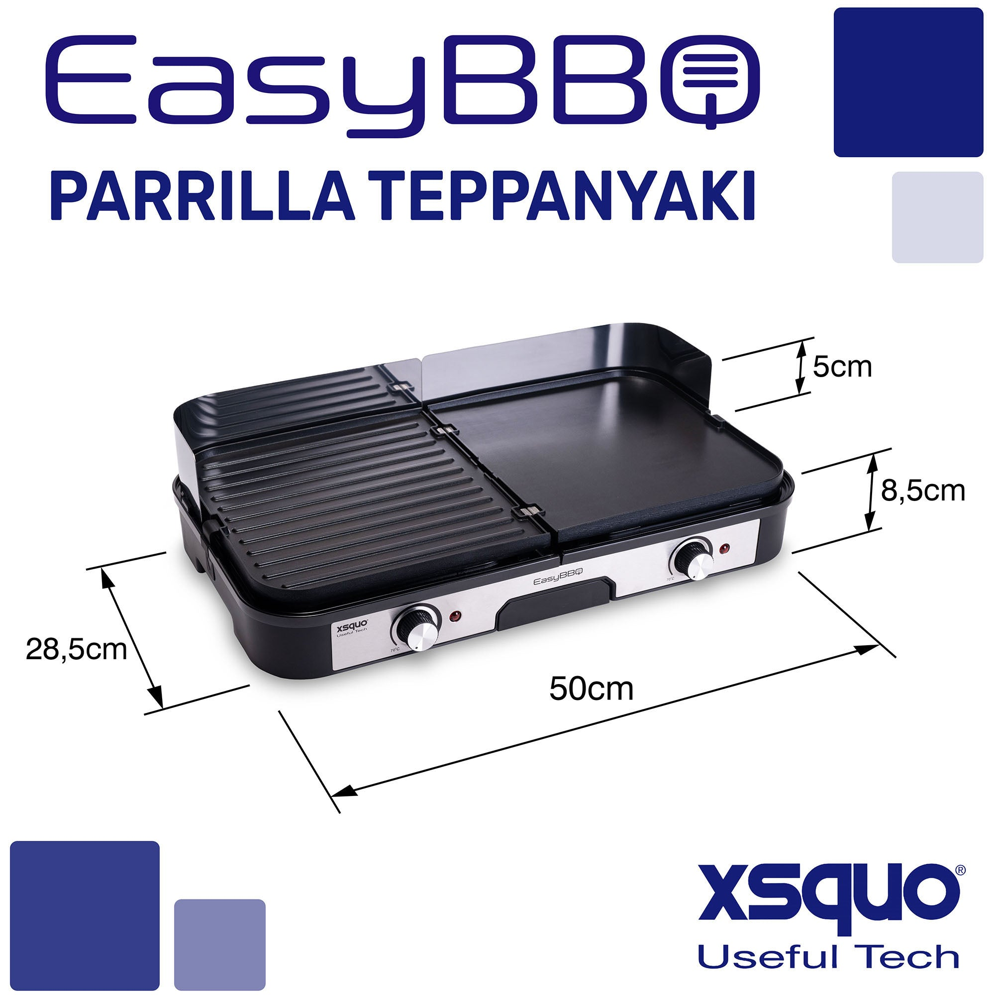 Una parrilla negra y plateada con dimensiones etiquetadas. La marca es 'EasyBBQ' con el logotipo 'XSquo'.