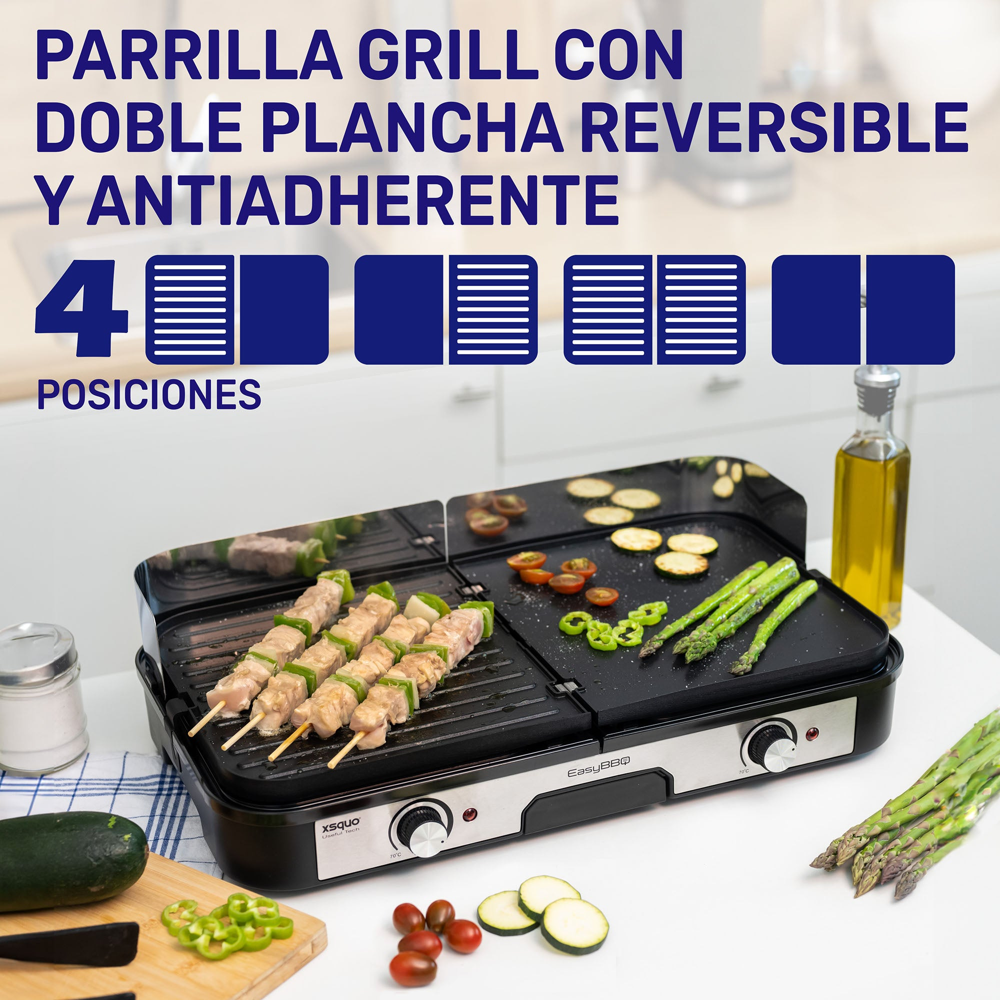 Parrilla con comida, incluyendo brochetas y verduras. Se indican cuatro posiciones. Negro y plateado.