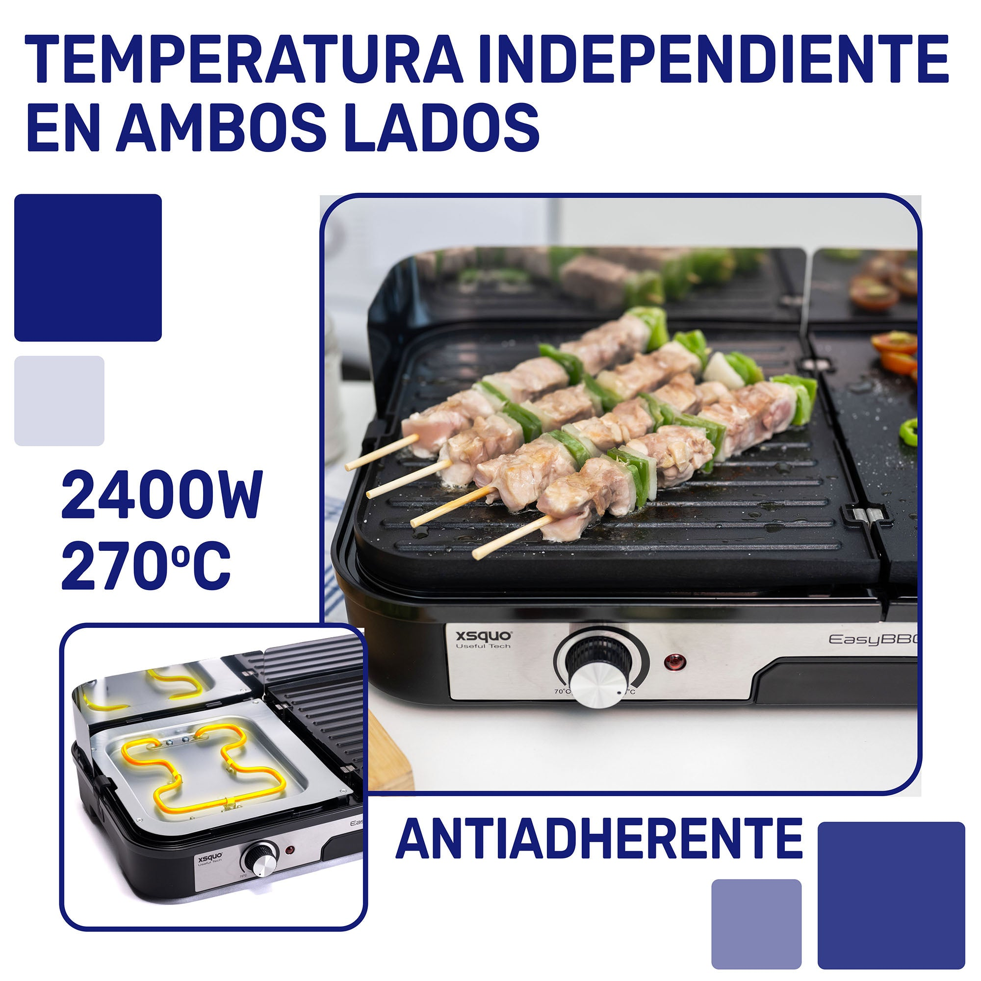 Parrilla con brochetas de carne. Texto indica control de temperatura independiente. Imagen adicional muestra la base.