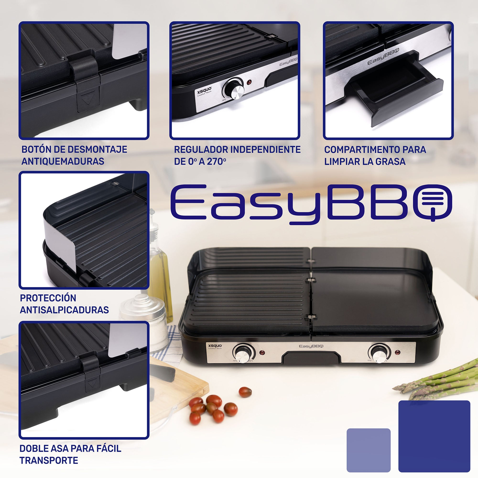 Primer plano de una parrilla EasyBBQ. Tiene una superficie negra, perillas de control y etiquetas de texto.