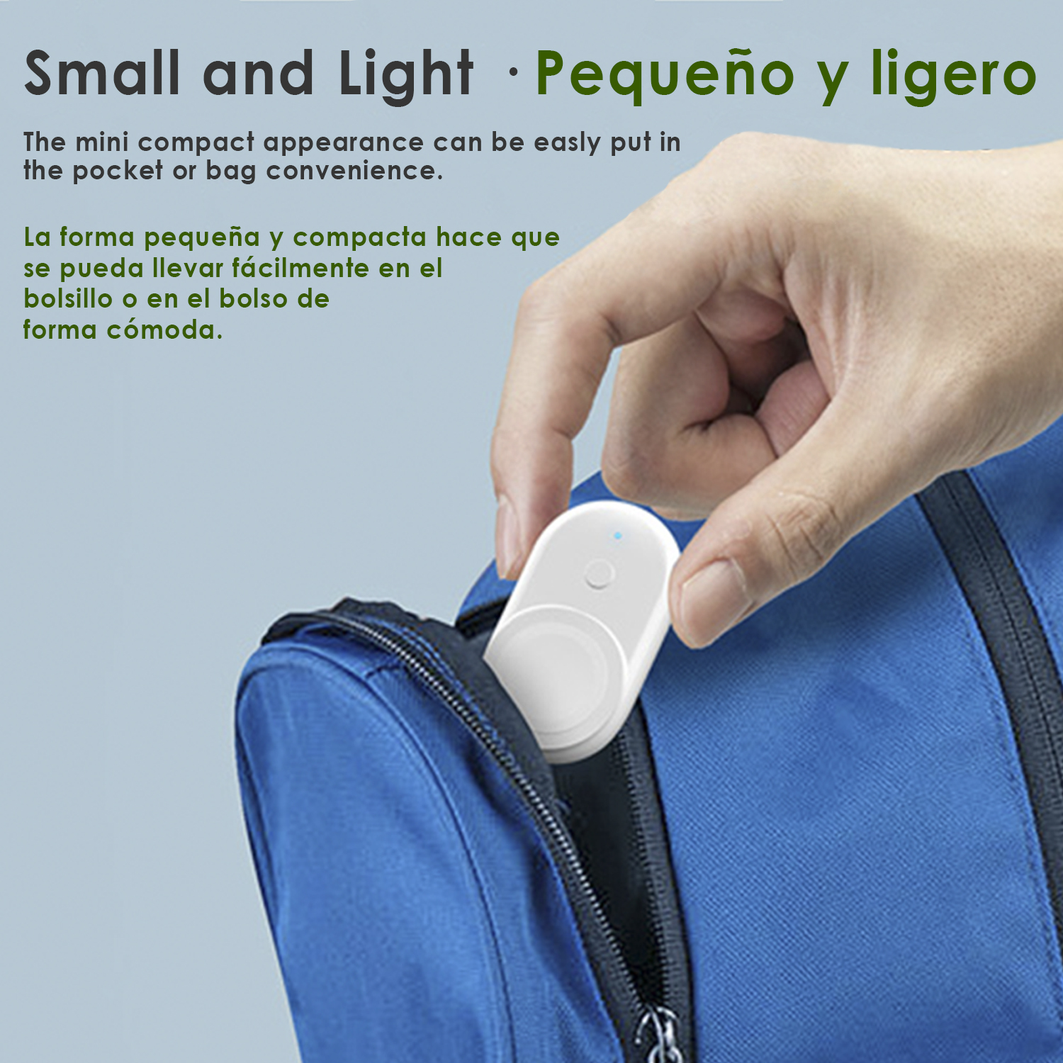 Mano sosteniendo un dispositivo blanco y ovalado, saliendo de un bolsillo azul. Texto en español.
