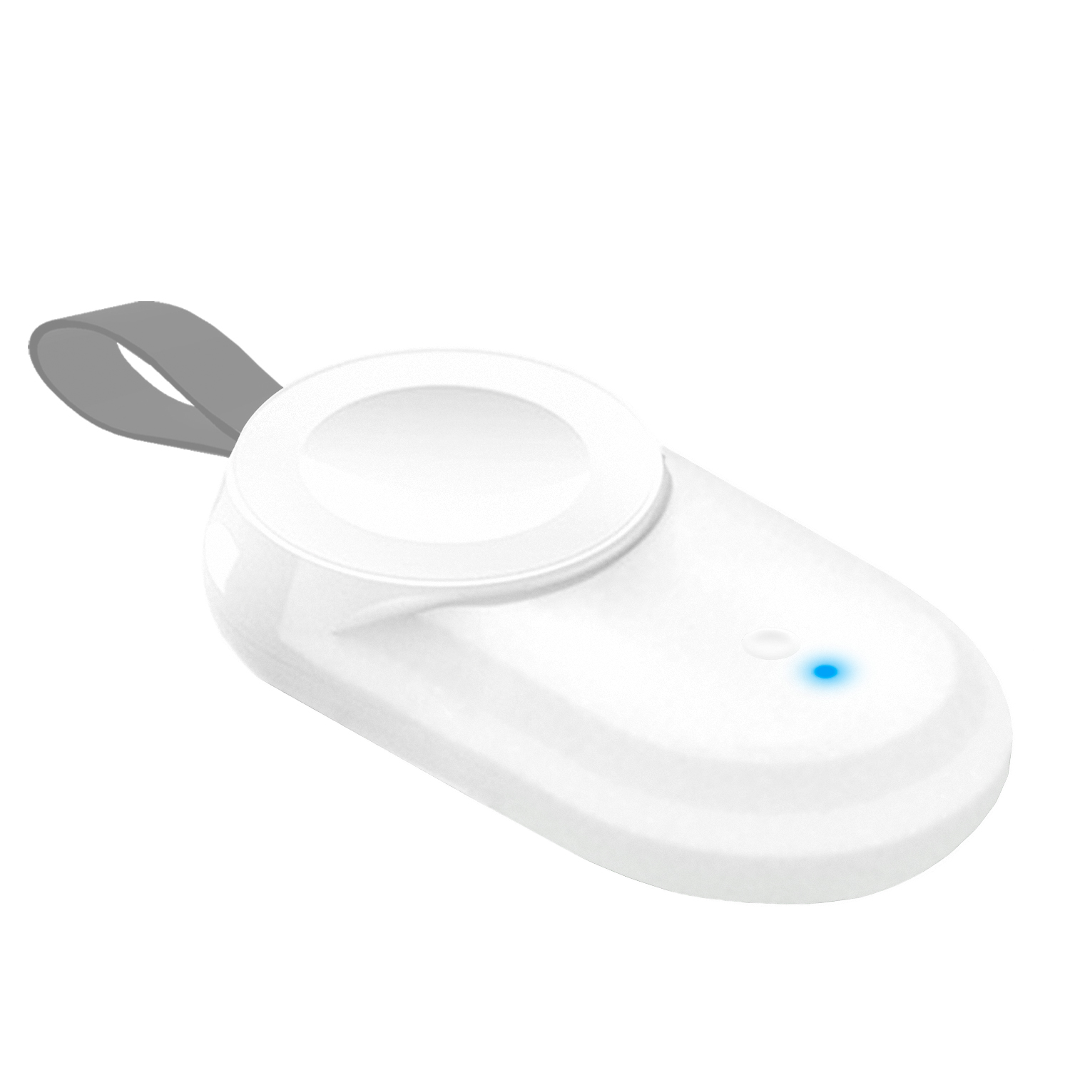 Cargador inalámbrico de reloj blanco con luz azul y correa gris.
