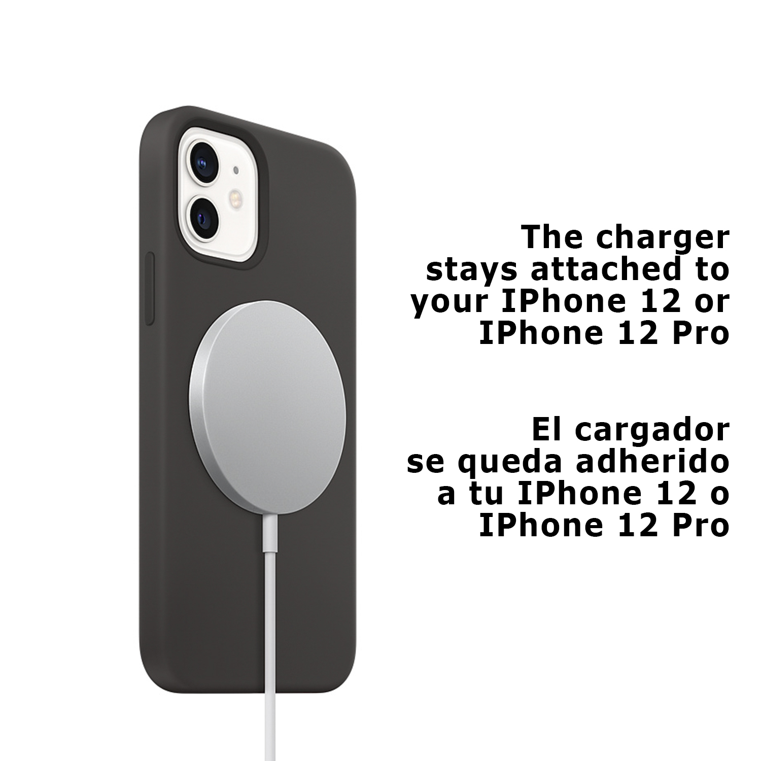 Un teléfono con cargador adjunto y texto: El cargador permanece conectado a tu iPhone.