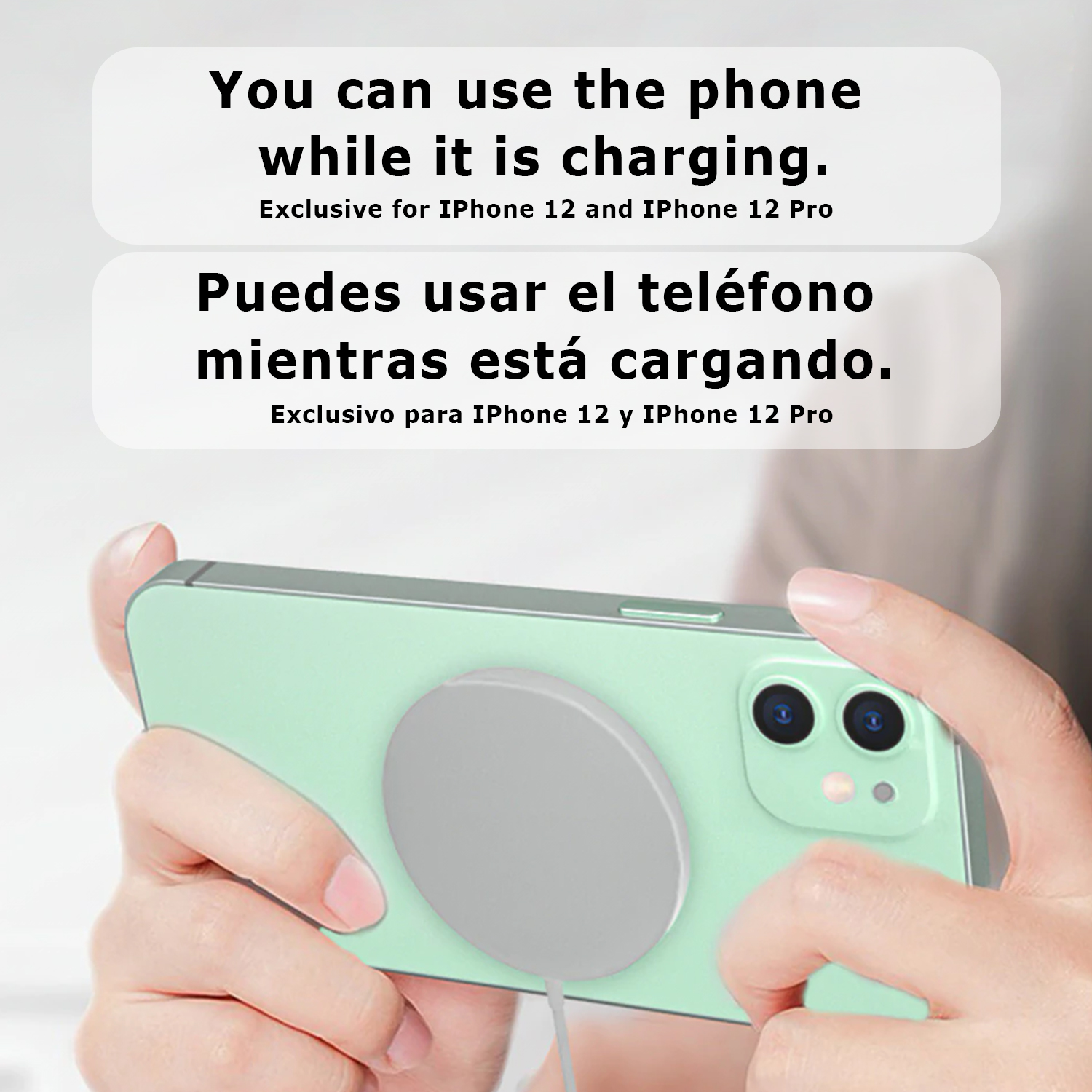 Mano sosteniendo teléfono con plataforma de carga.
