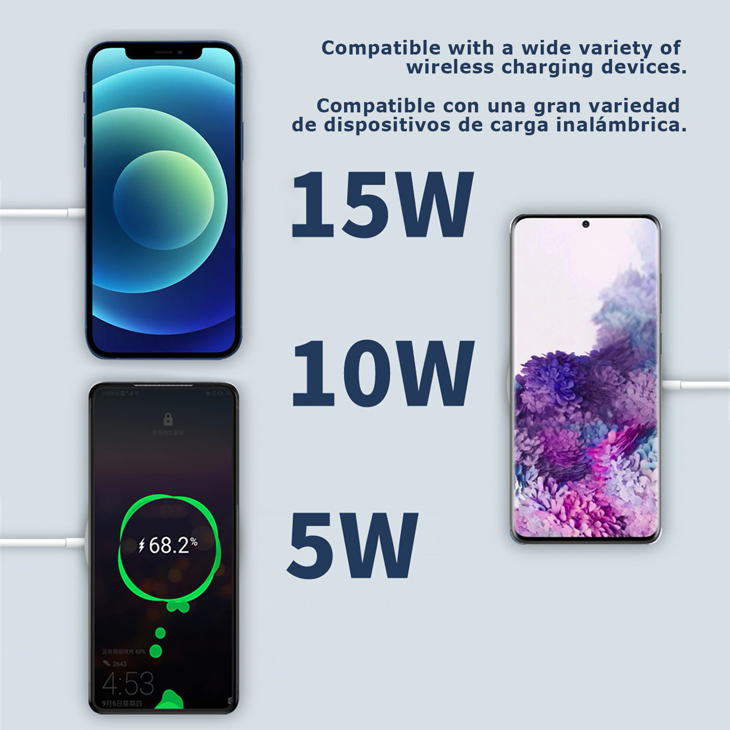 Tres teléfonos con soporte de carga inalámbrica. 15W, 10W y 5W.