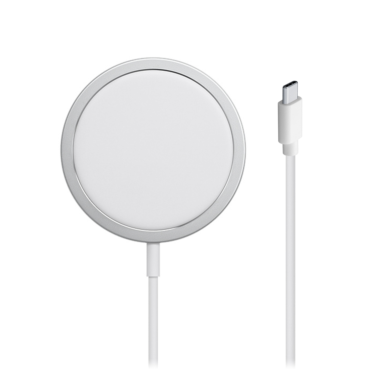 Cargador inalámbrico blanco y plateado con cable USB-C blanco.