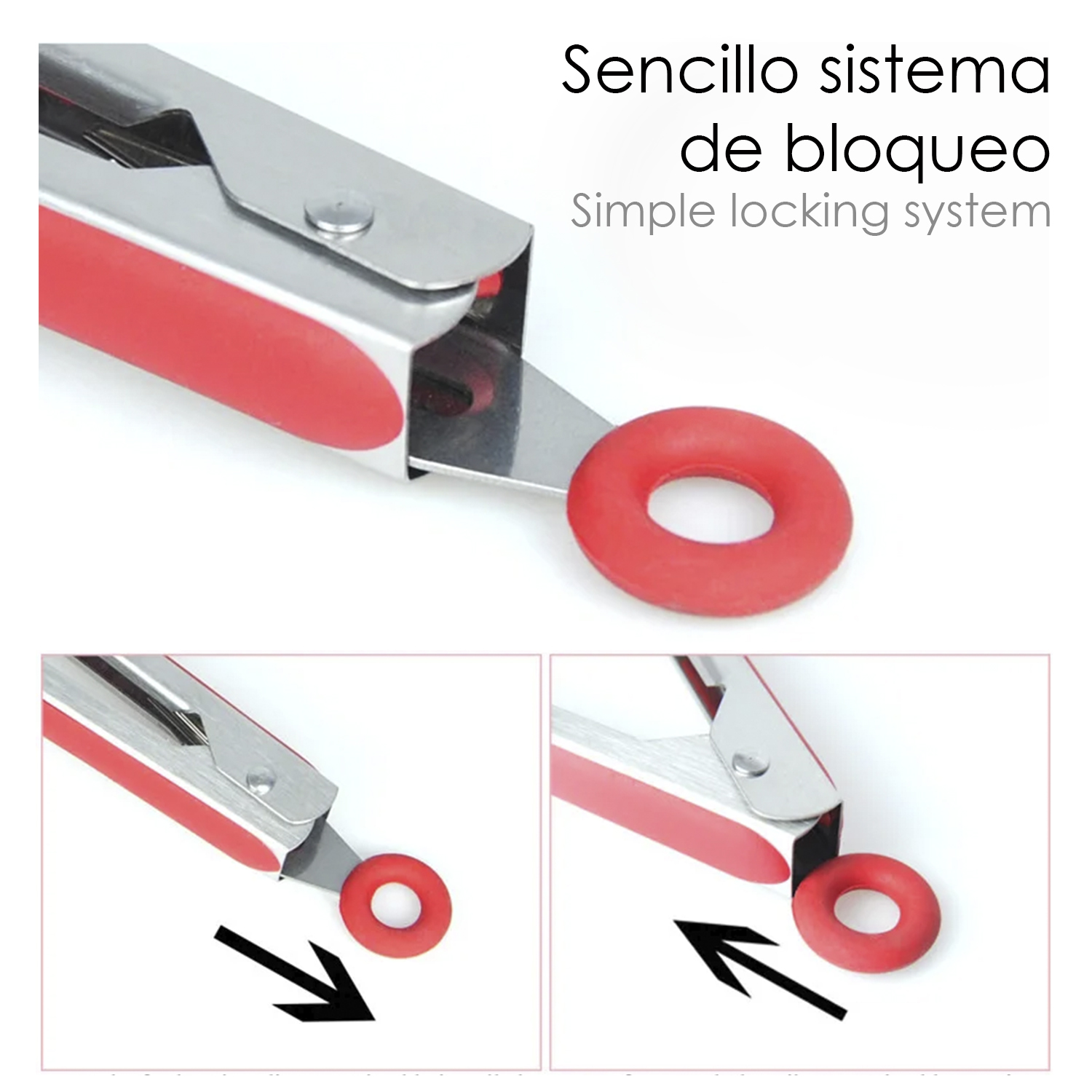 Anillo de silicona rojo y pinzas metálicas mostrando mecanismo de bloqueo sencillo.