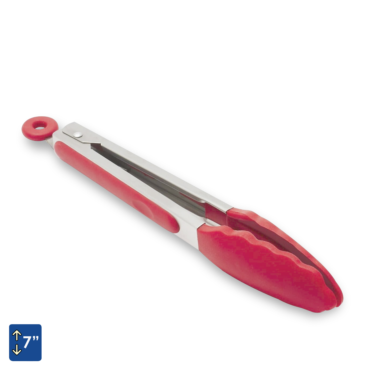 Pinze da cucina rosse e argentate, con un anello rosso in alto e una misura di 7 pollici sul lato.
