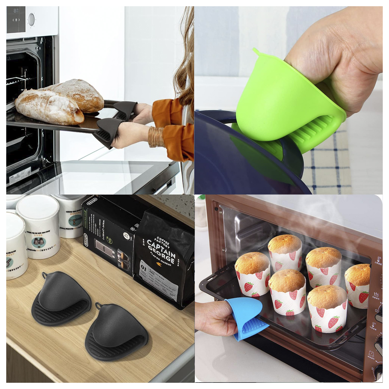 Cuatro imágenes que muestran la preparación de alimentos: hornear pan, usar guantes de horno, hacer magdalenas y usar una batidora de mano.