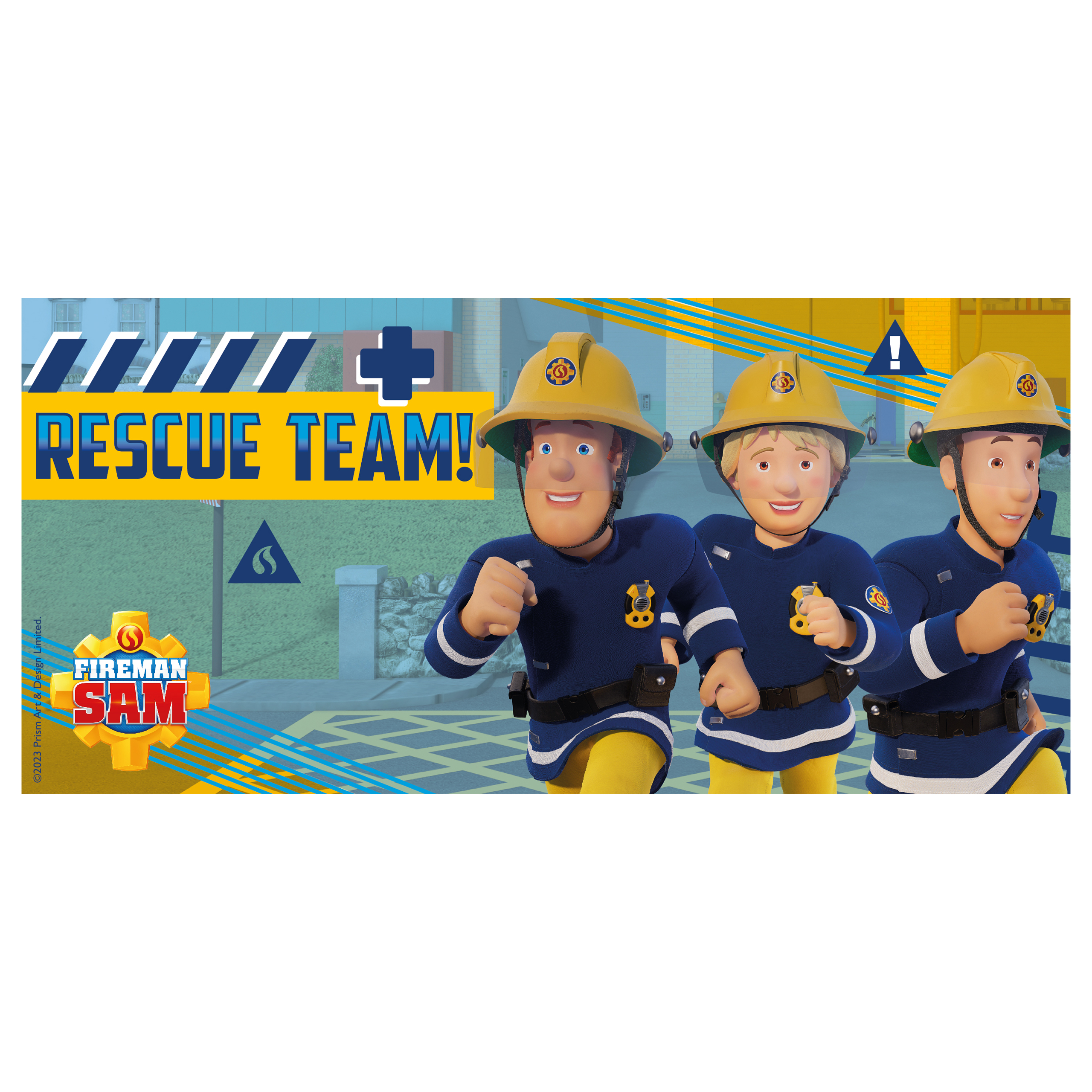 Feuerwehrmann Sam-Rettungsteam rennt. Blaue Uniformen, gelbe Helme, Text: Rettungsteam!