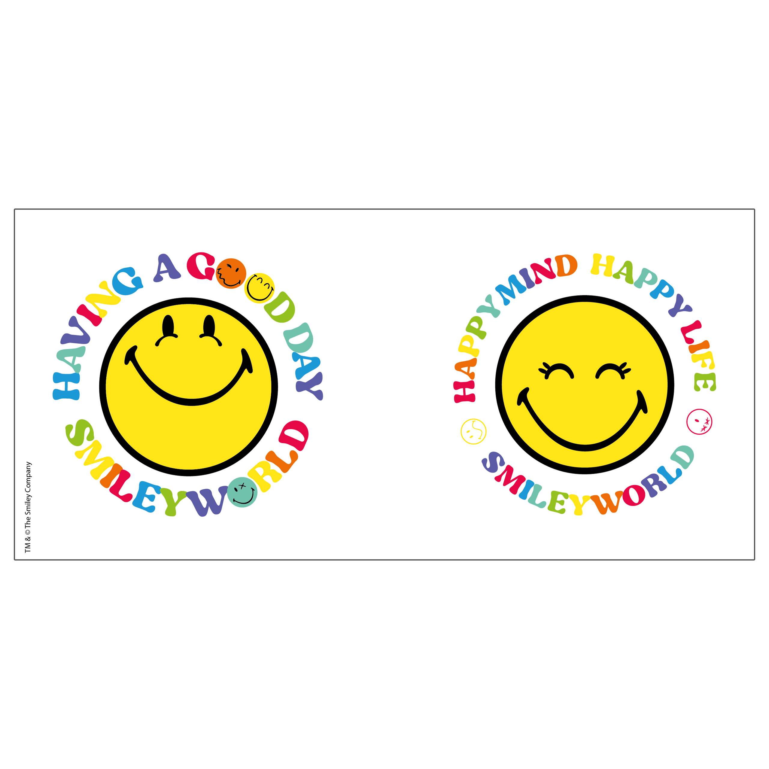 Zwei Smiley-Gesichtsdesigns. Eines sagt 'Having a good day', das andere 'Happy mind, happy life'.