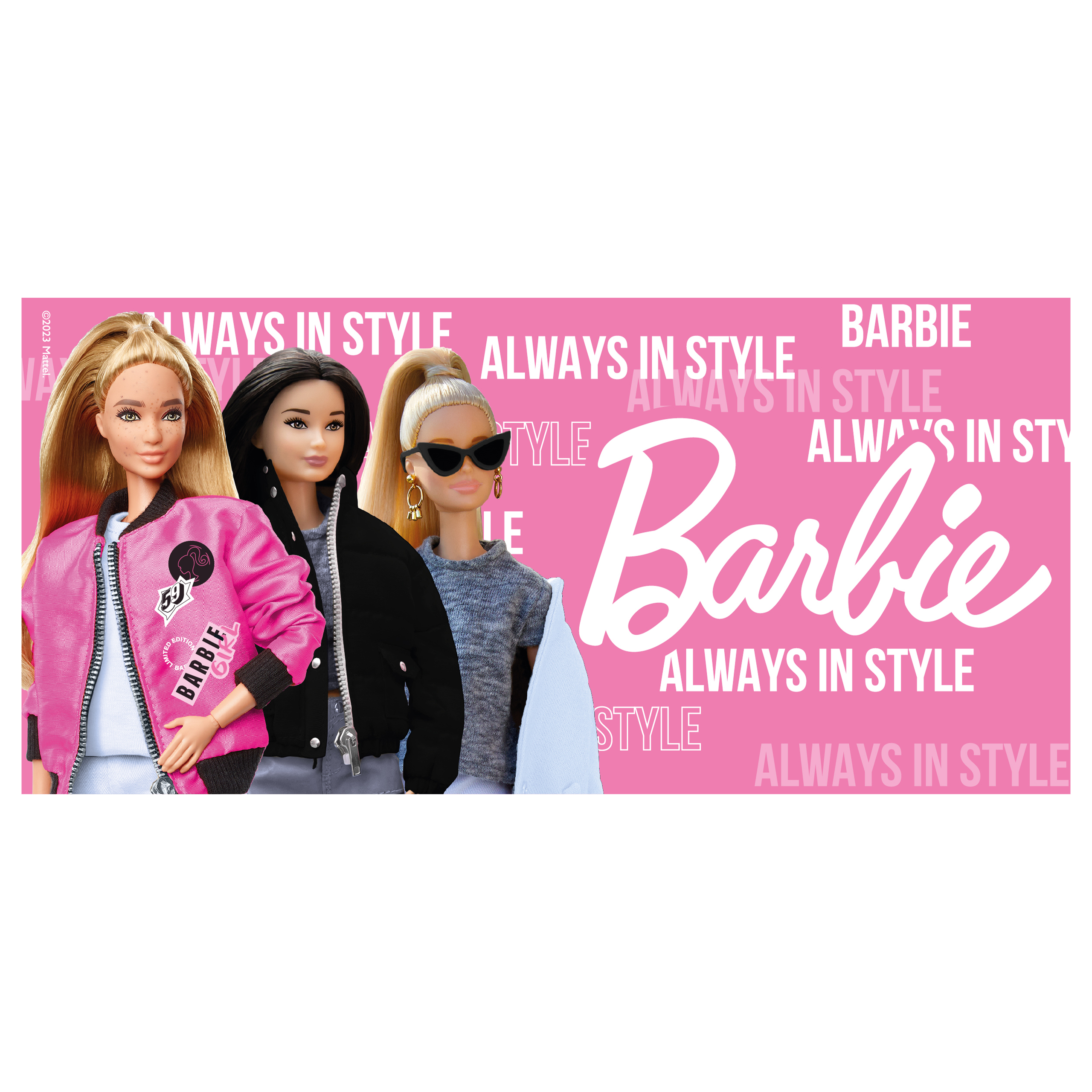 Drei Barbie-Puppen mit verschiedenen Outfits und Frisuren auf pinkfarbenem Hintergrund mit Barbie-Text.