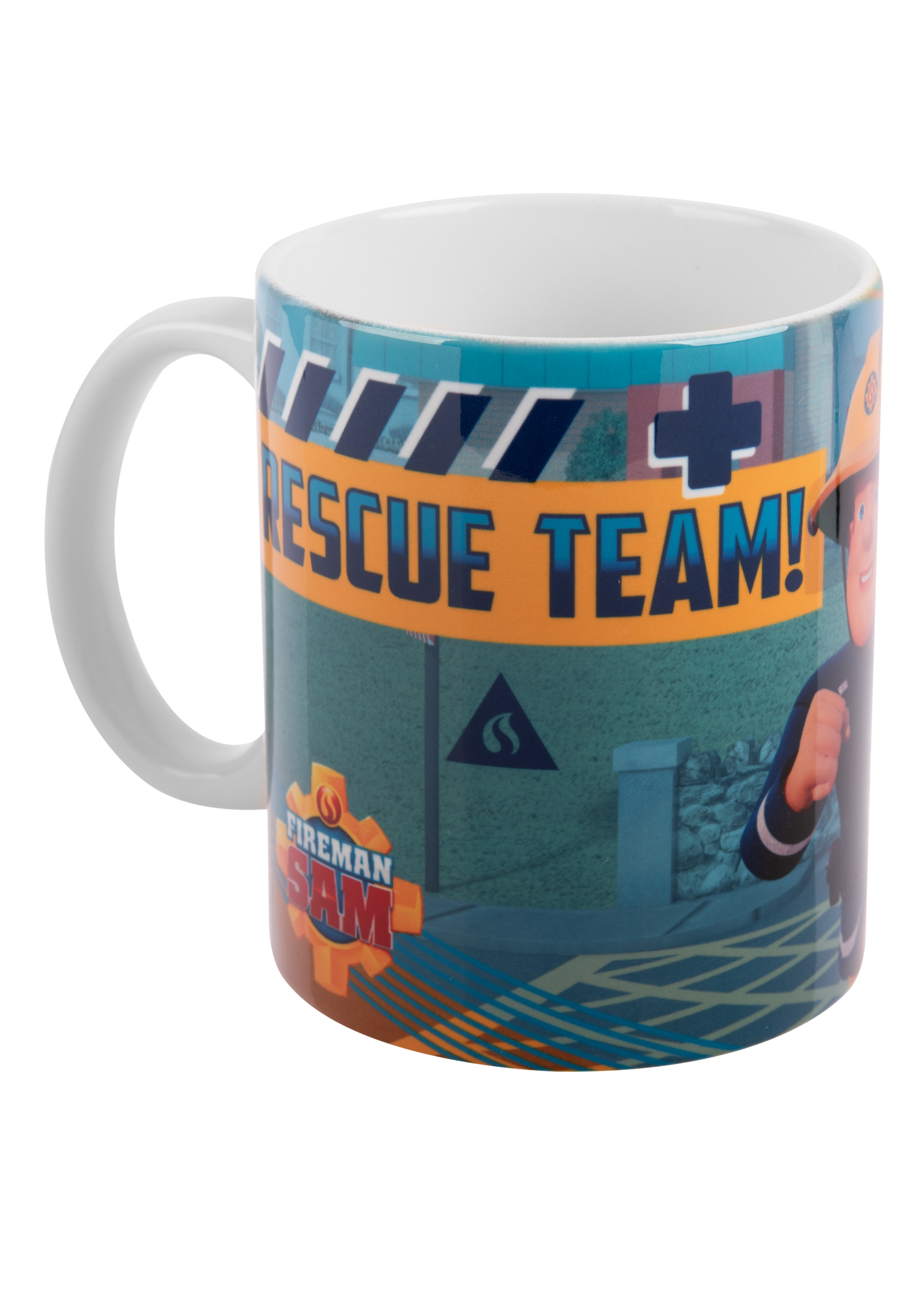 Tasse mit Feuerwehrmann Sam. Rescue Team darauf. Blaue und orange Farben.