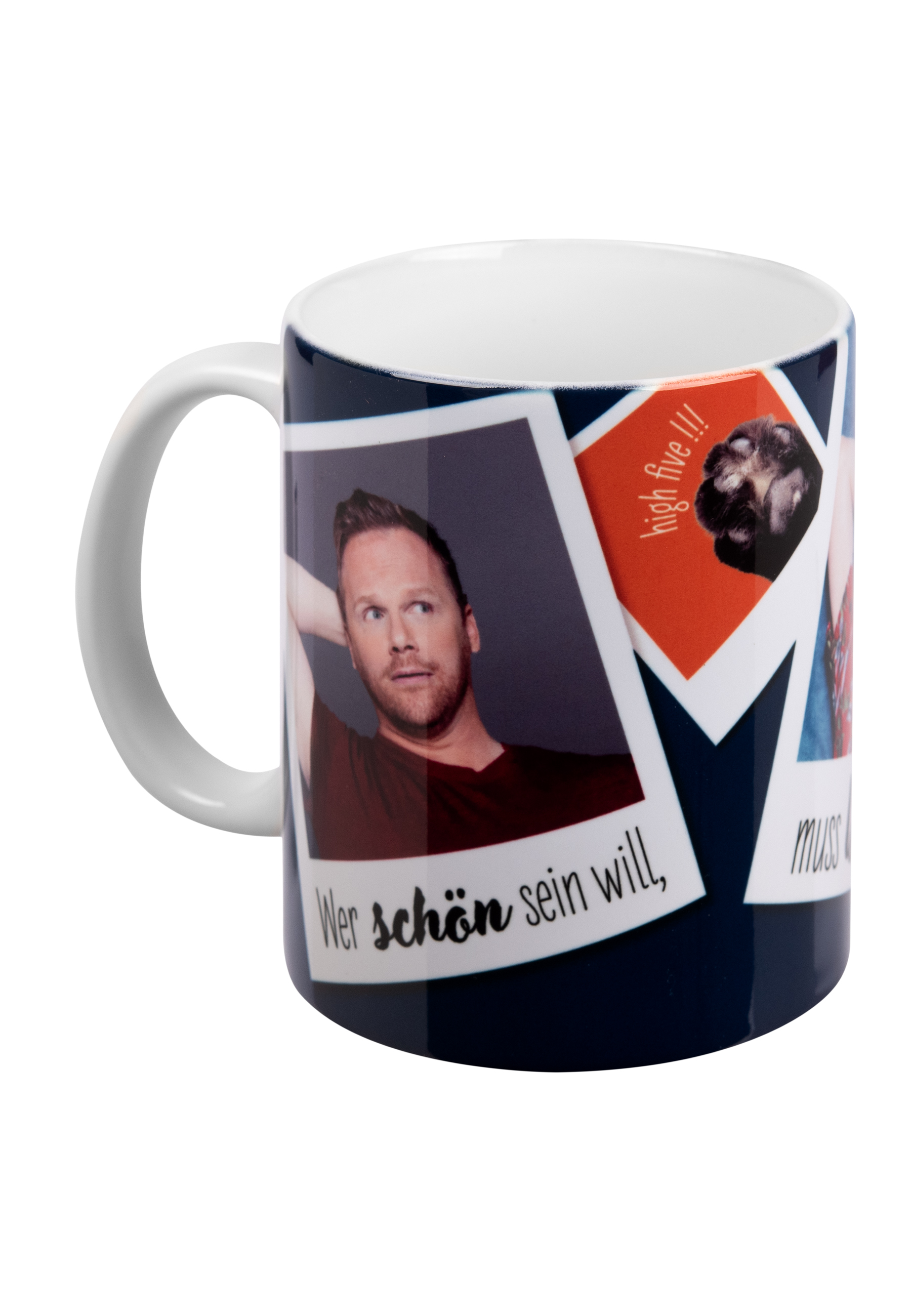 Eine weiße Tasse mit Fotos und Text. Der Text lautet: Wer schön sein will, muss leiden.