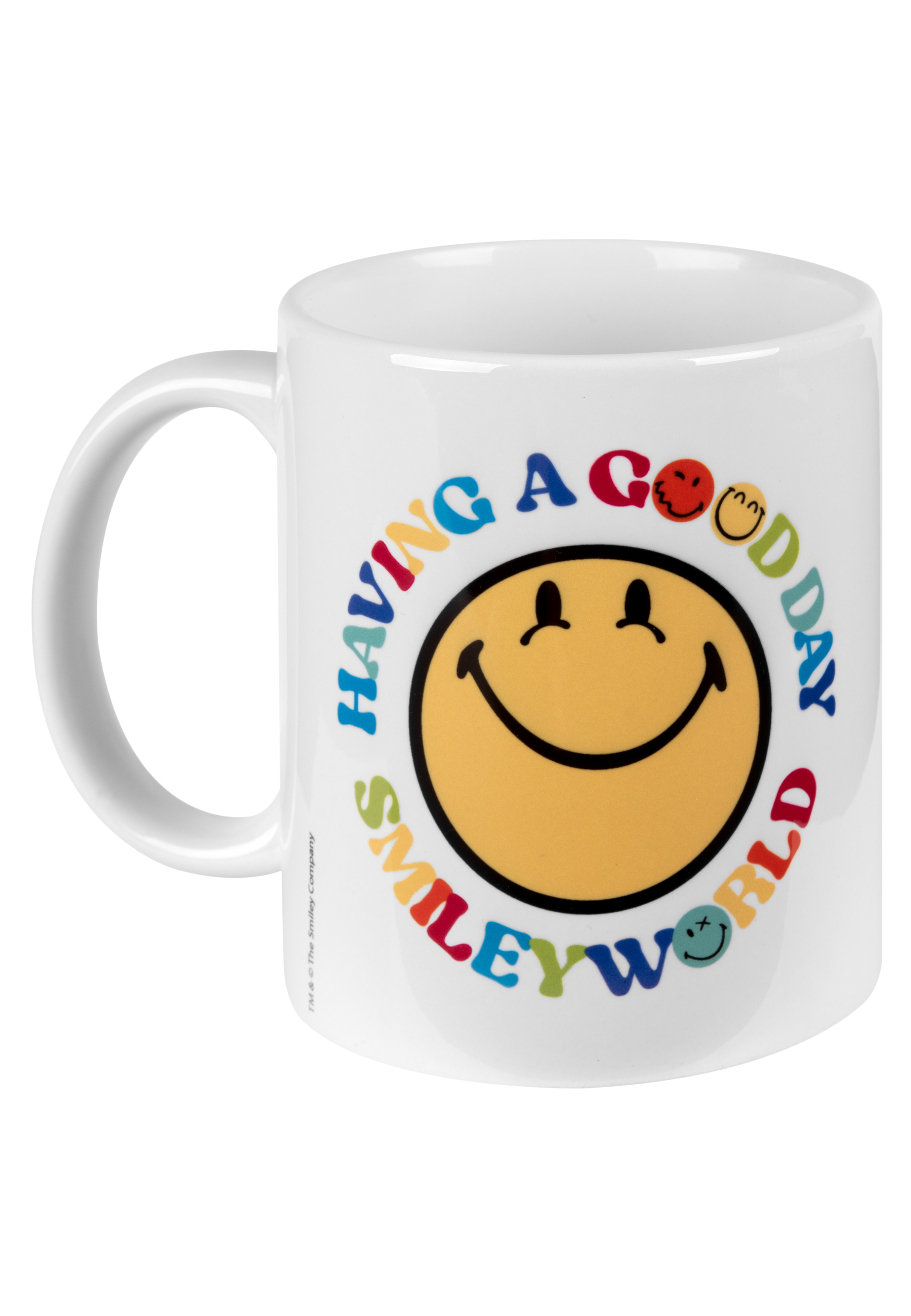 Weißer Becher mit einem Smiley-Gesicht-Design. Der Becher hat einen regenbogenfarbenen Text um das Gesicht.