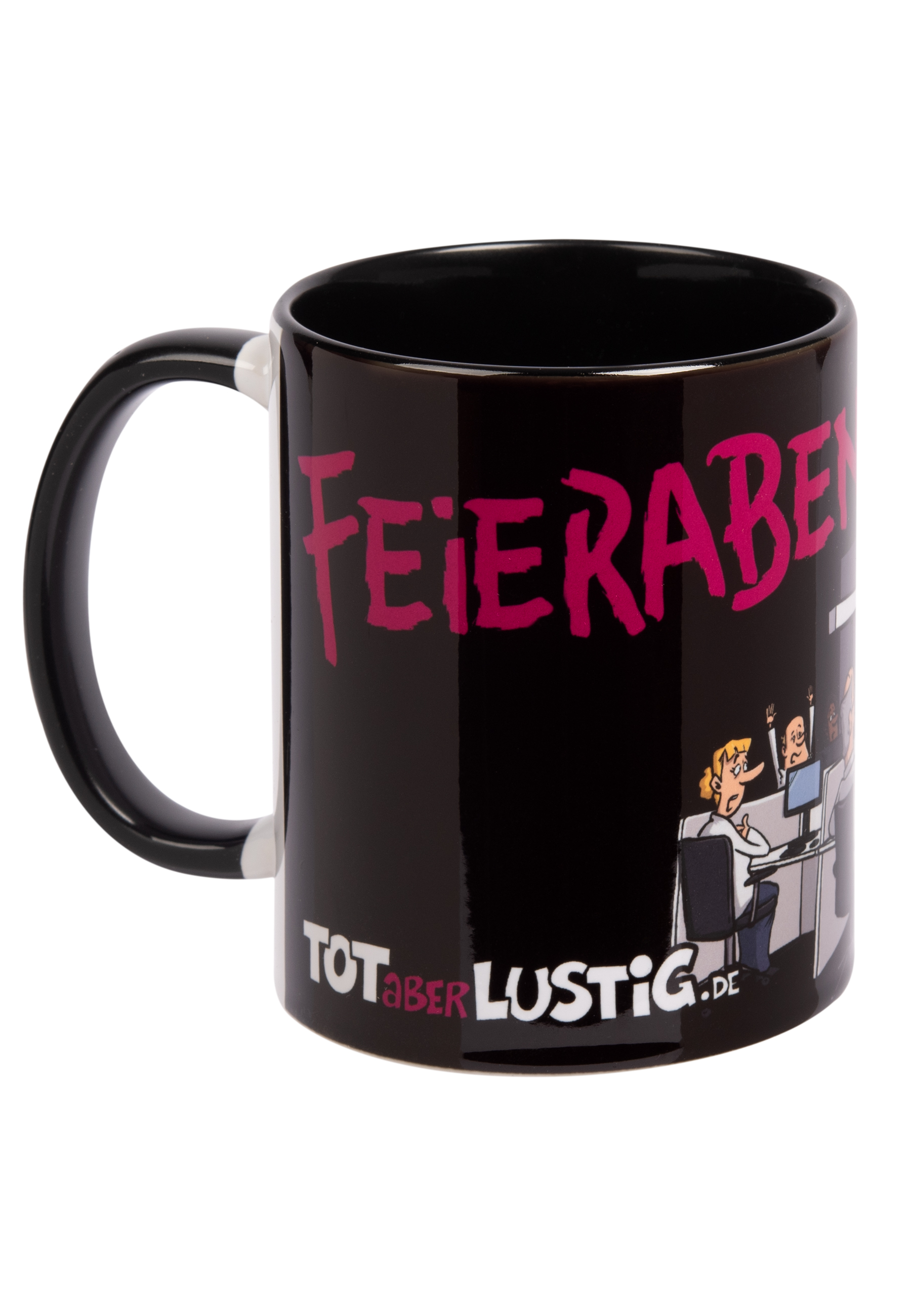 Schwarzer Becher mit den Worten 'Feierabend' in Pink, mit einer Karikatur von Leuten in einem Büro.