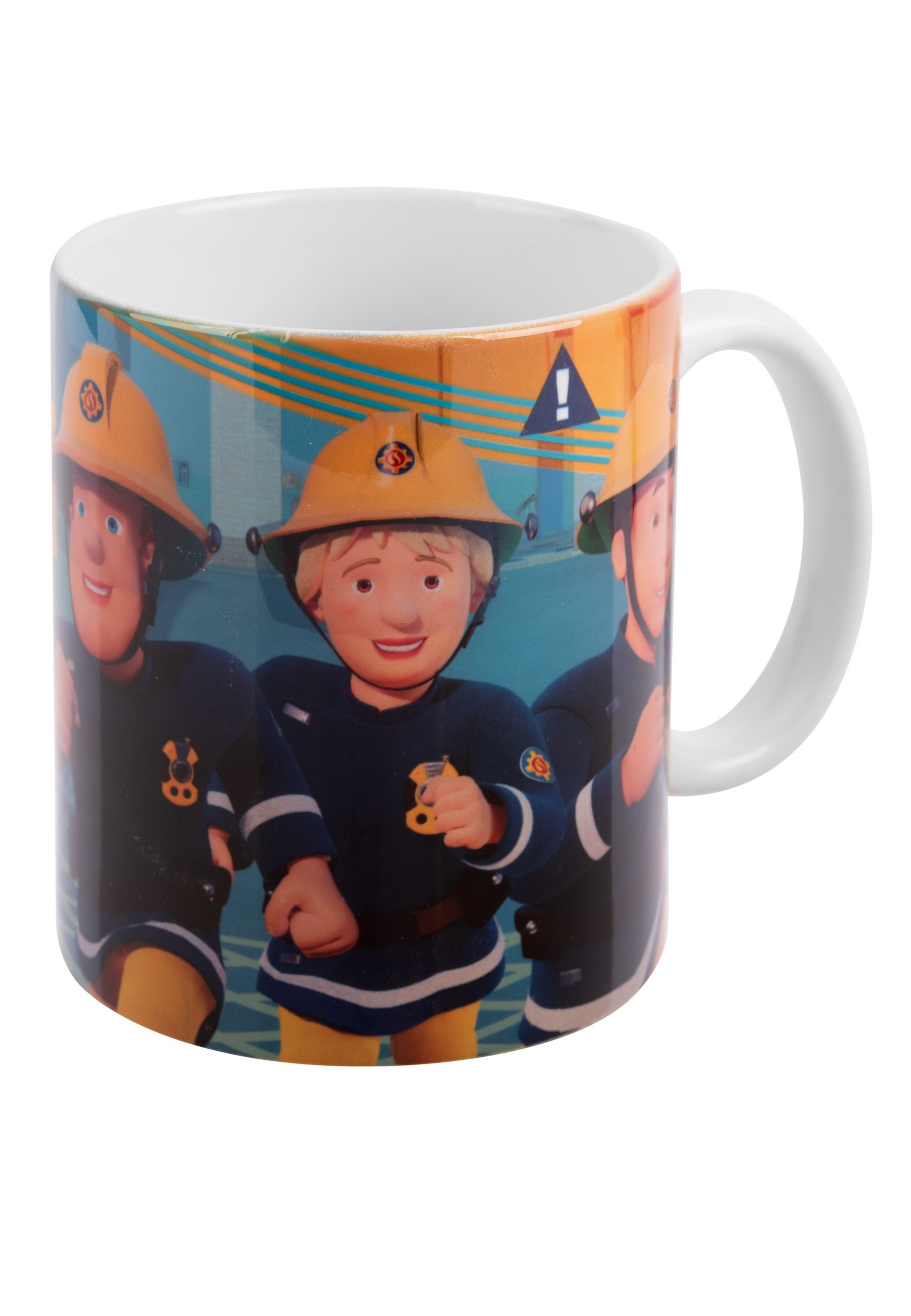Tasse mit drei laufenden Cartoon-Feuerwehrleuten. Die Tasse hat einen weißen Henkel.
