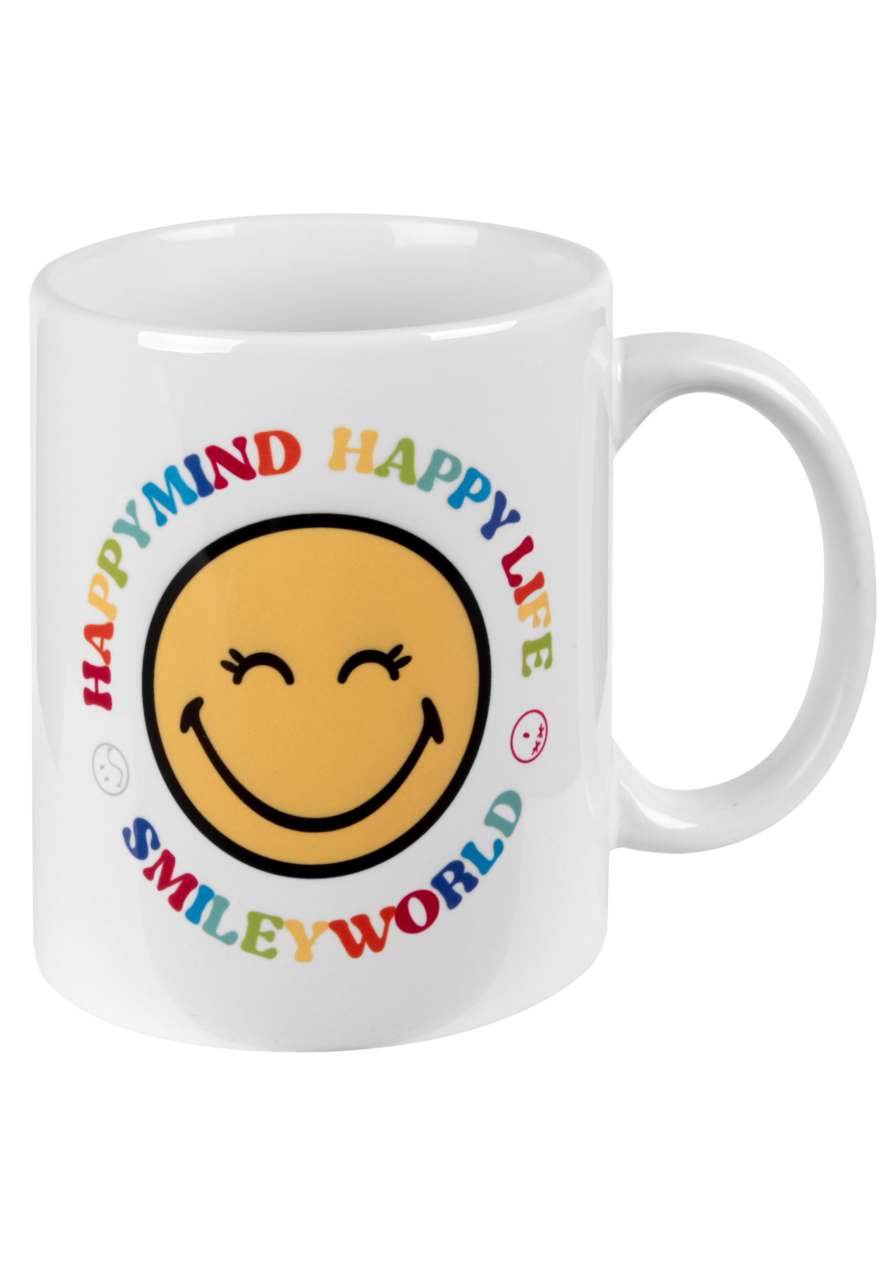 Weiße Tasse mit Smiley-Gesicht im Kreis. Bunter Text drumherum, der 'Happy Mind Happy Life' sagt.