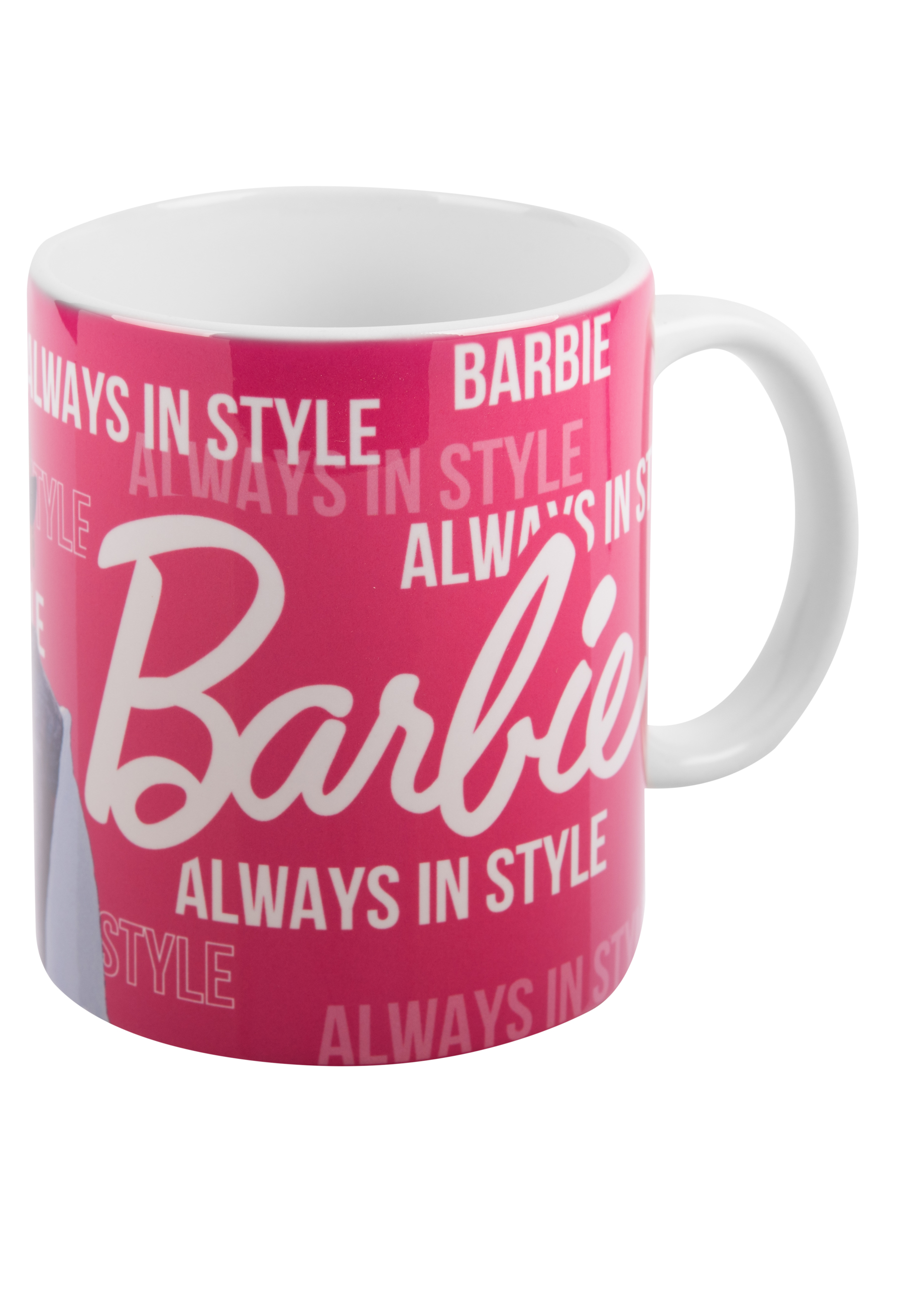 Eine weiße Tasse mit pinkfarbenem Design, mit dem Wort 'Barbie' und wiederholtem Text.