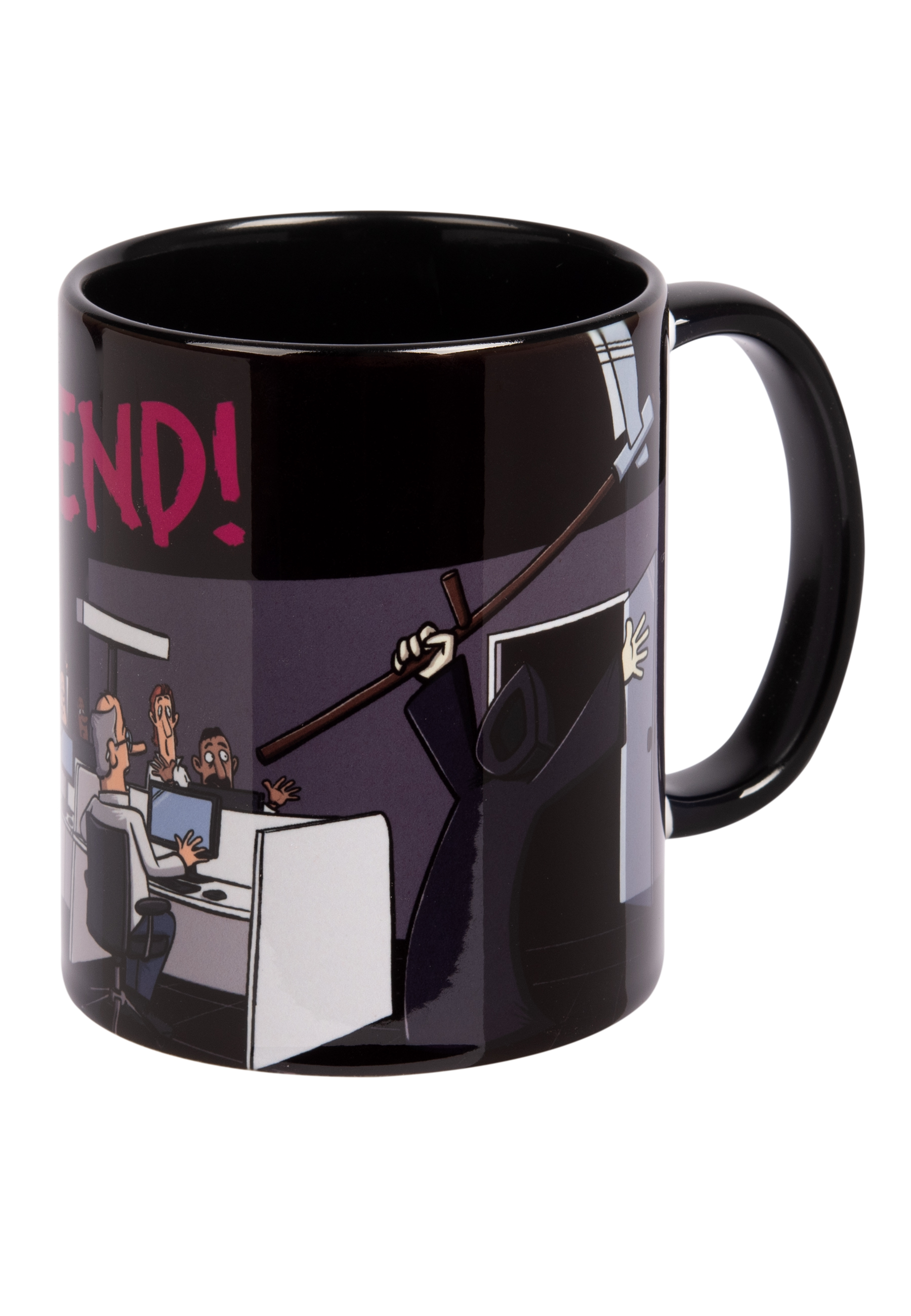 Eine Tasse mit einem Sensenmann in einem Büro, mit dem Text 'The End!'