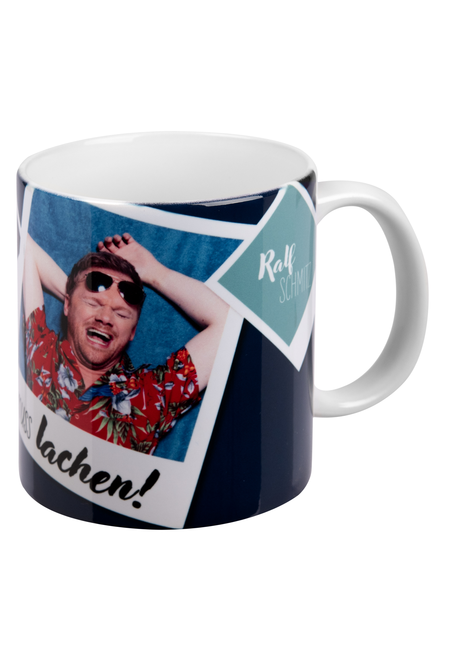 Eine Tasse mit einem Foto eines lächelnden Mannes und 'Ralf Schmidt' darauf.