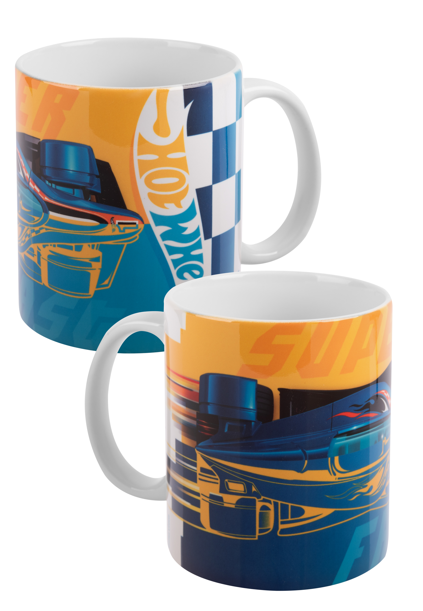 Zwei Tassen mit Hot Wheels-Design. Das Design hat ein Rennauto, blaue und orange Farben und das Hot Wheels-Logo.