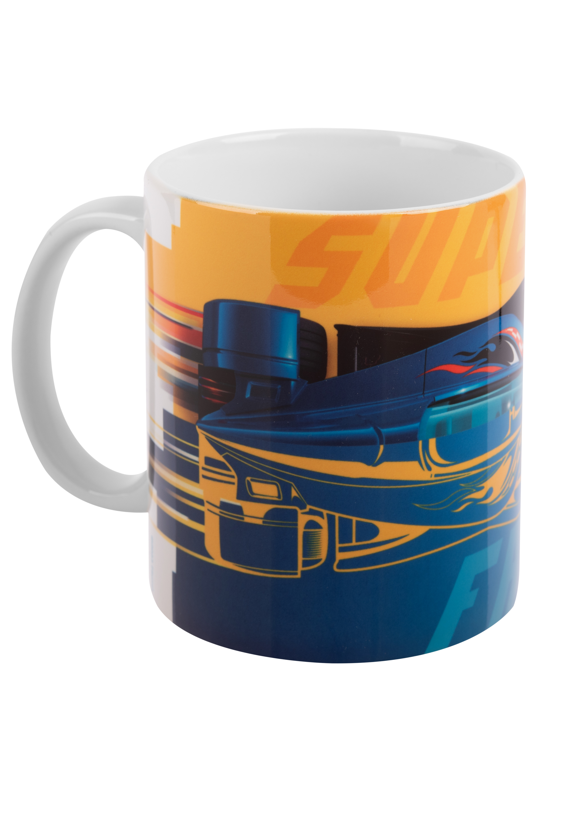 Tasse mit blauem und gelbem Autodesign.