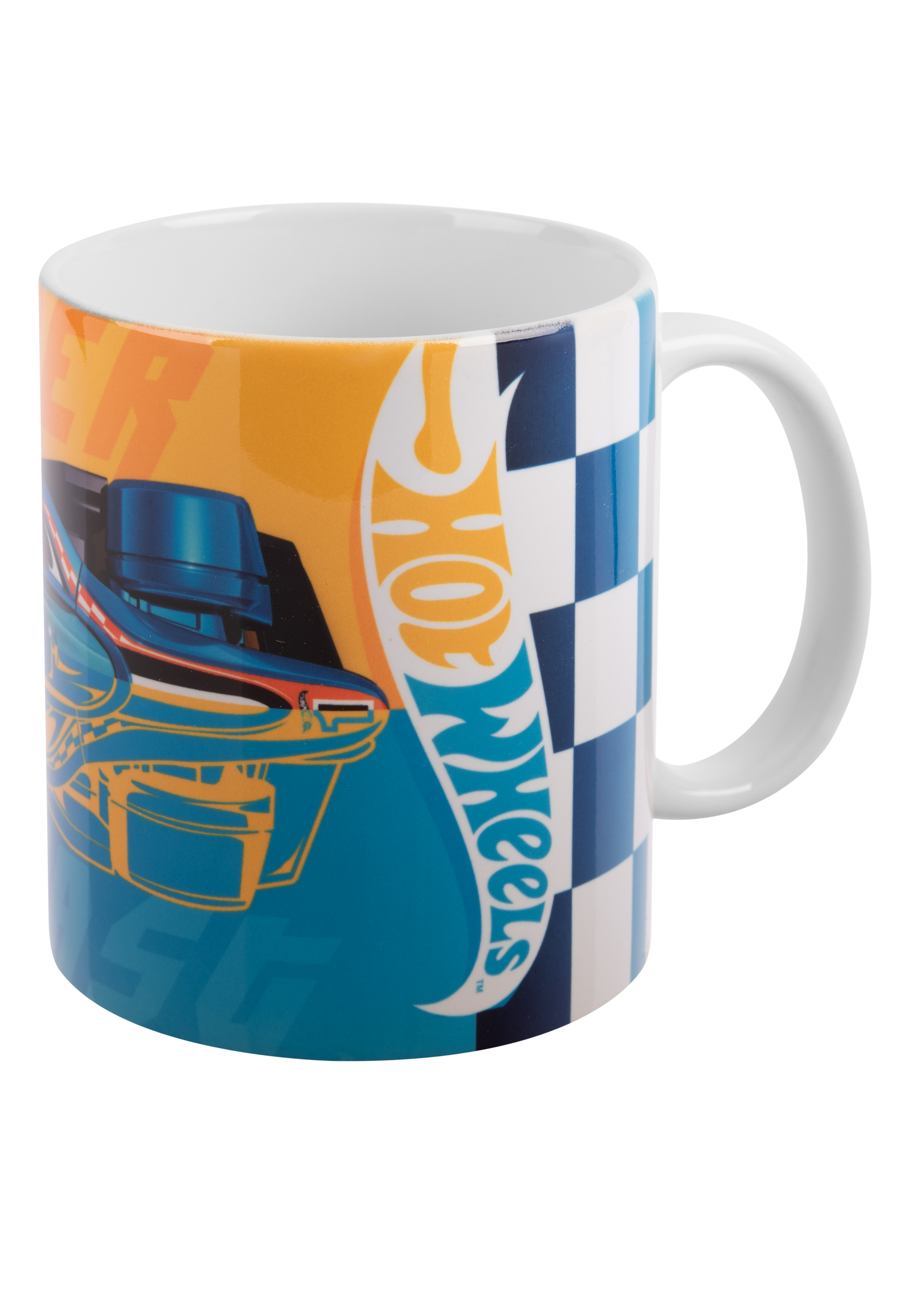 Tasse mit Hot Wheels Design, blaue Rennwagen Grafik auf orange-blauem Hintergrund.