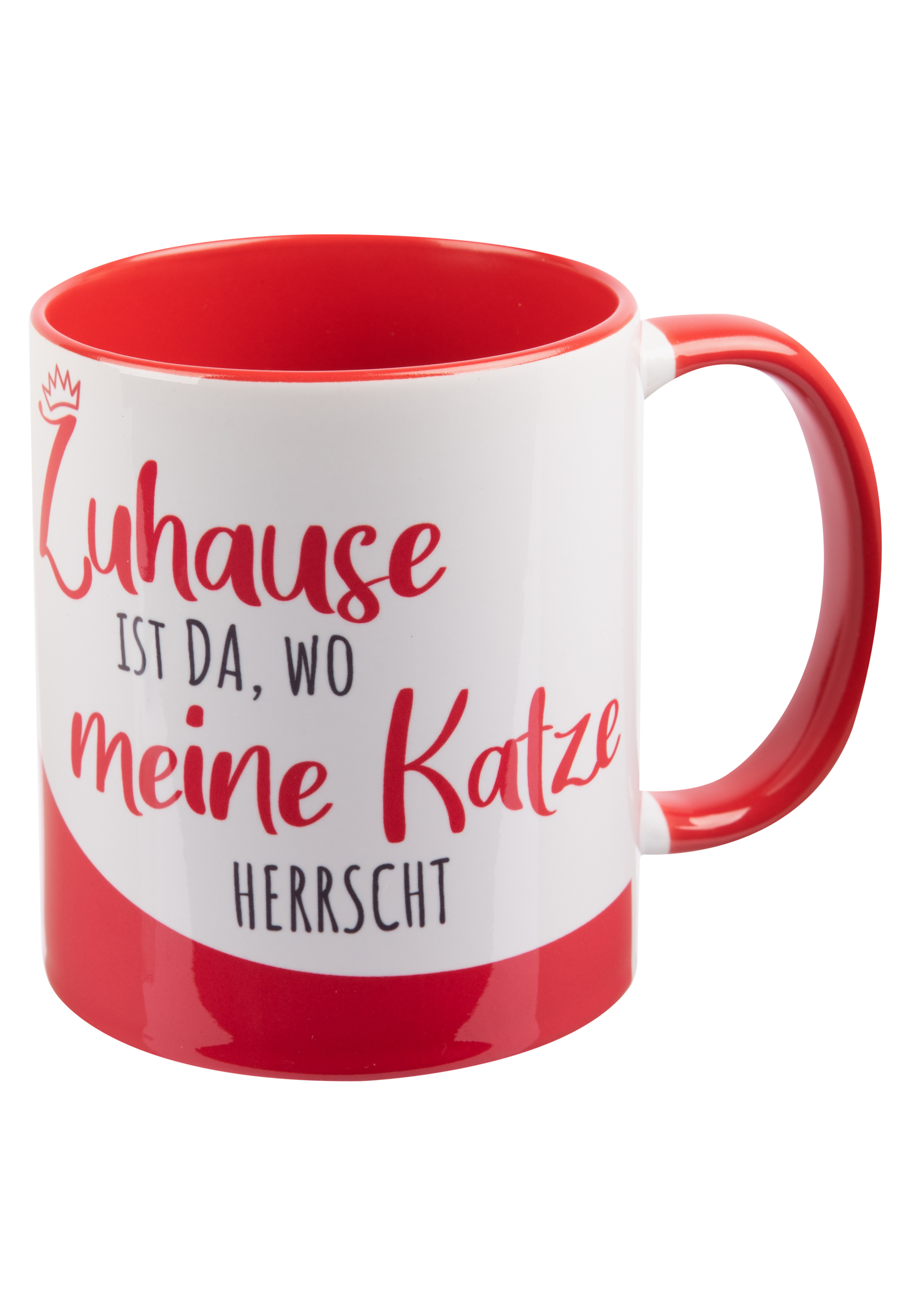 Eine weiße Tasse mit roter Innenseite. Sie hat den Text 'Zuhause ist da, wo meine Katze herrscht' in Rot.