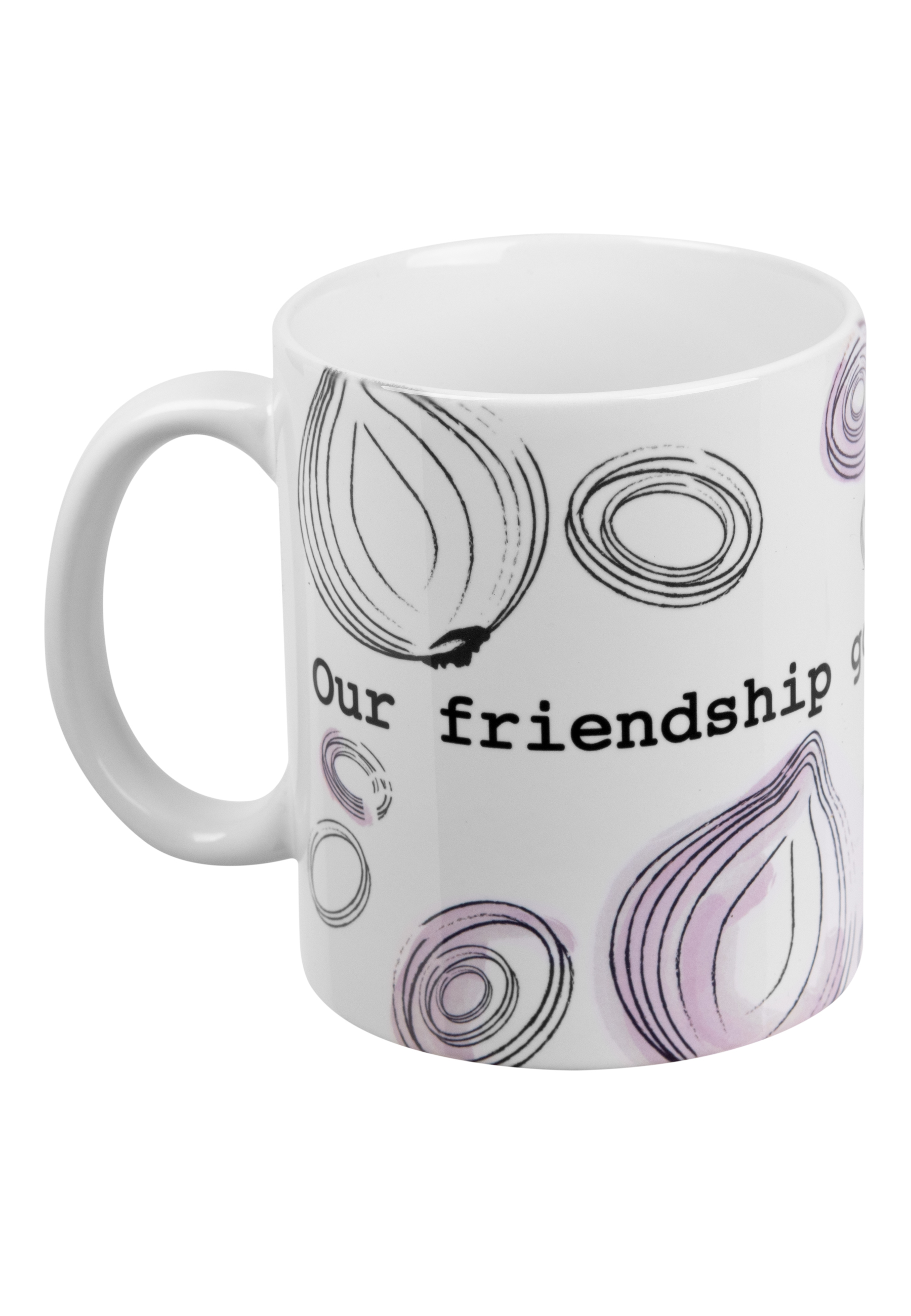 Weiße Tasse mit Zwiebelscheiben-Design und Text 'Our friendship grows'.