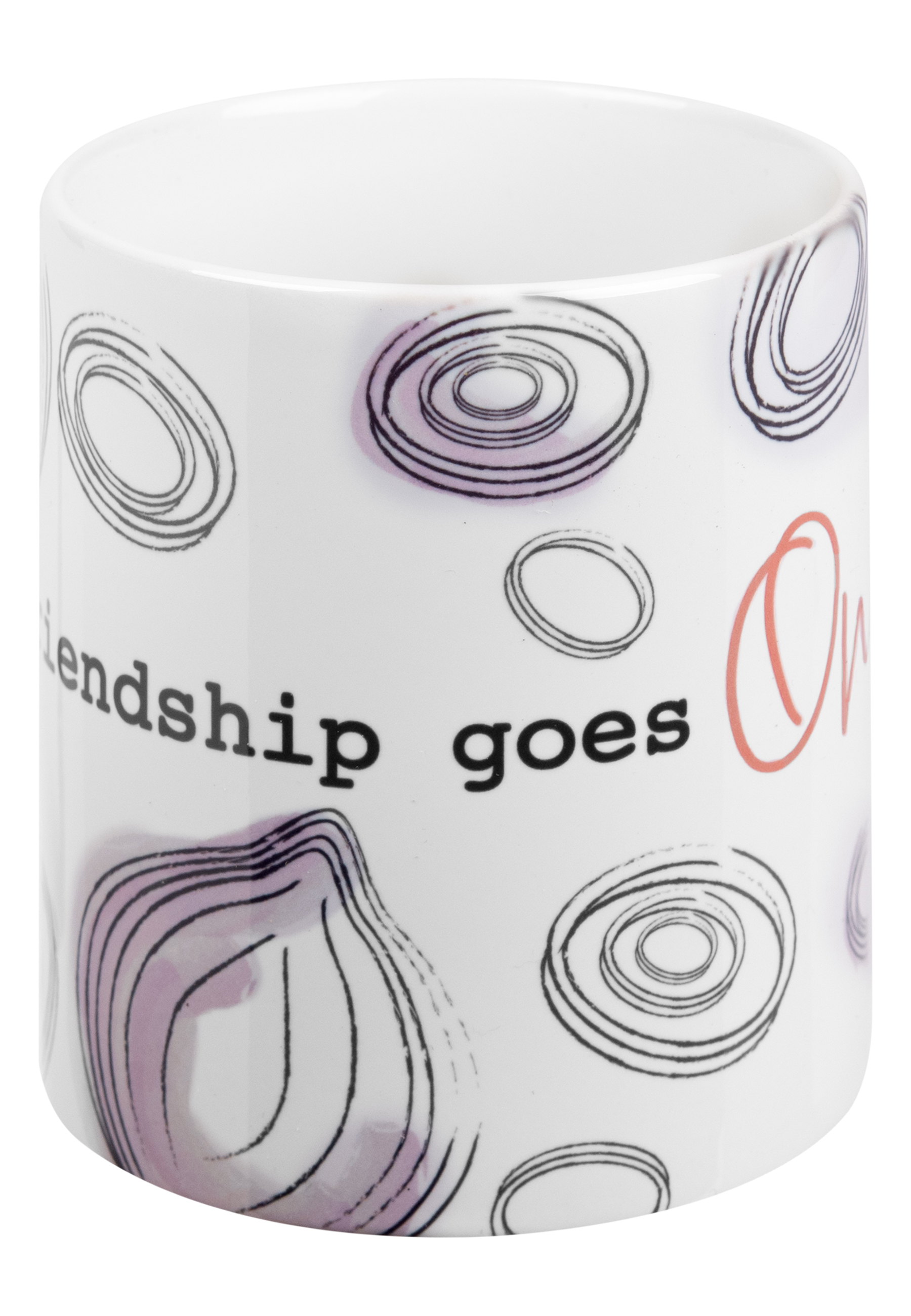 Weiße Tasse mit Zwiebelzeichnungen und dem Text 'friendship goes Onion'.