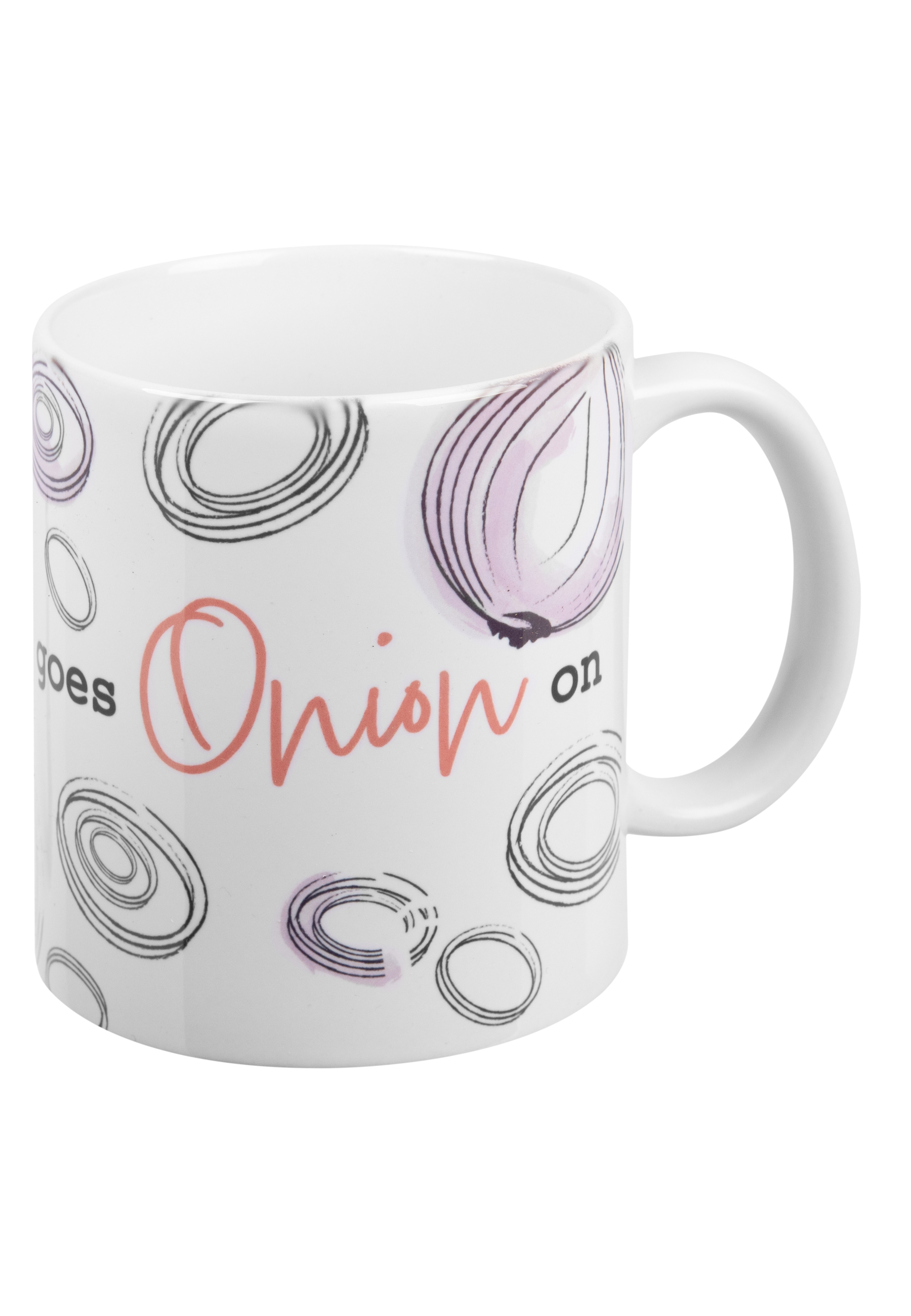 Eine weiße Tasse mit Zwiebelringen und dem Wort 'Onion' darauf. Schwarz und Lila werden verwendet.
