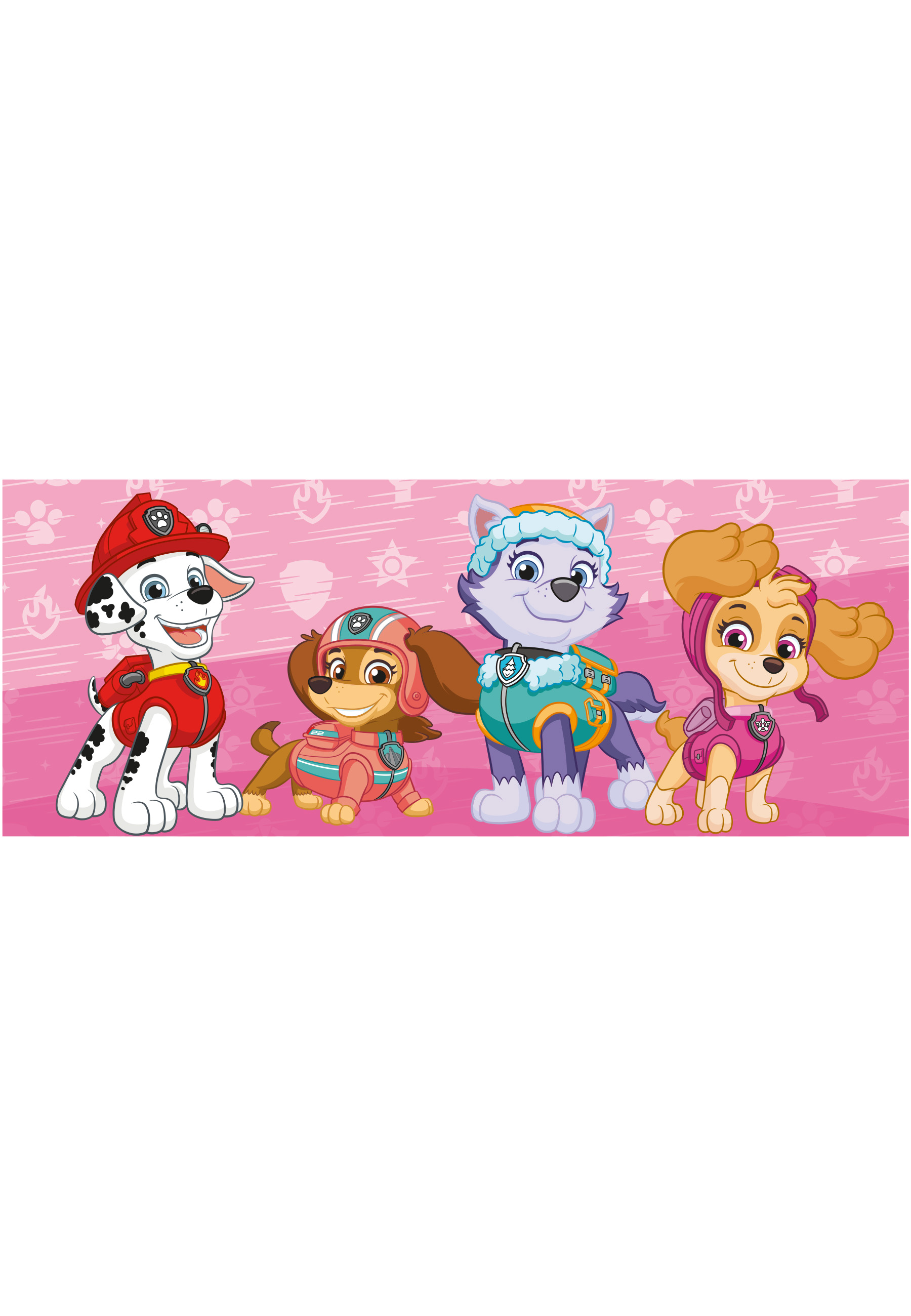 Eine lange Tasse mit Cartoon-Hunden in Uniformen. Rosa Hintergrund mit Feuersymbolen.