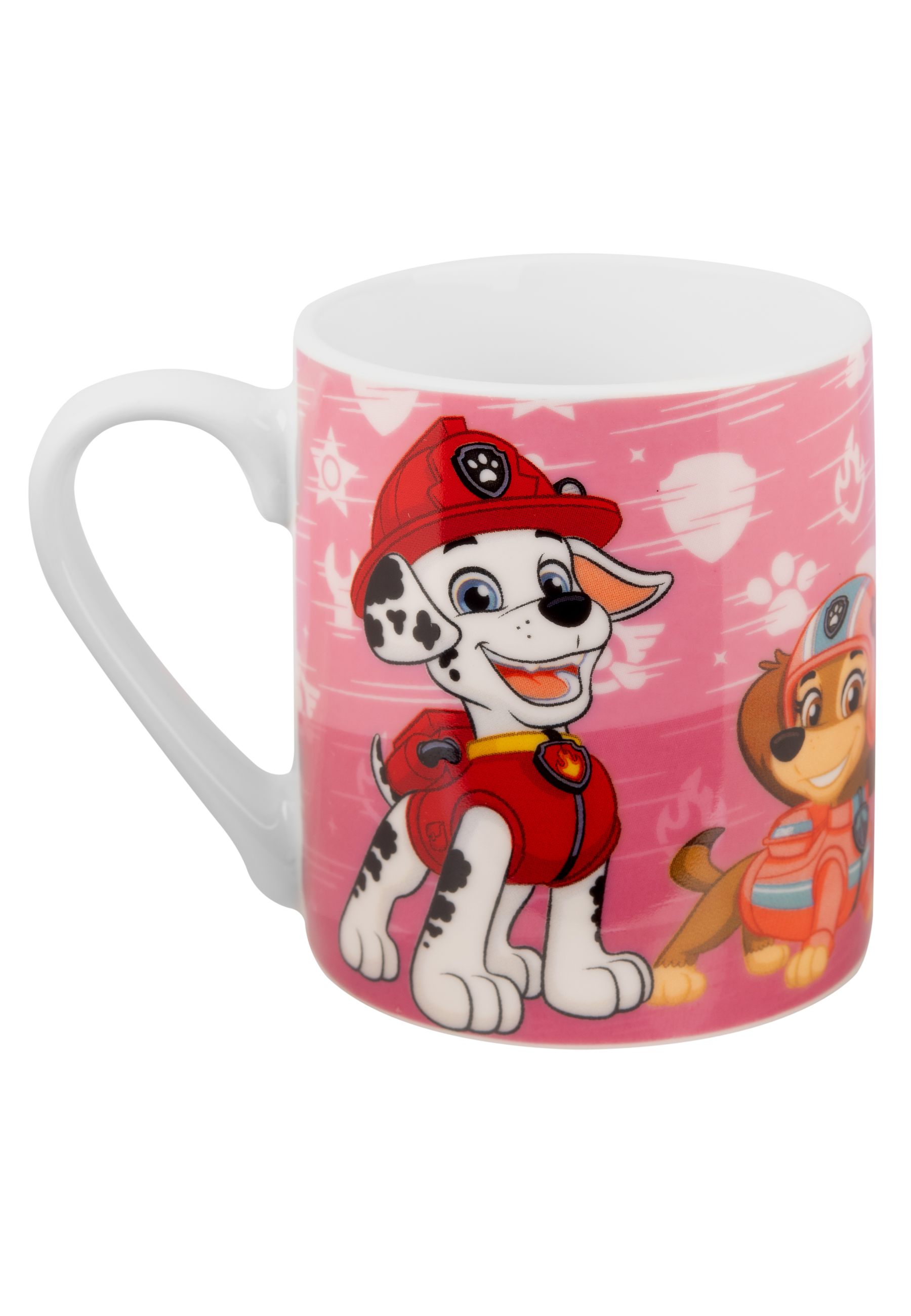 Tasse mit Paw Patrol-Charakteren: Marshall und Chase auf pinkem Hintergrund. Weißer Griff.
