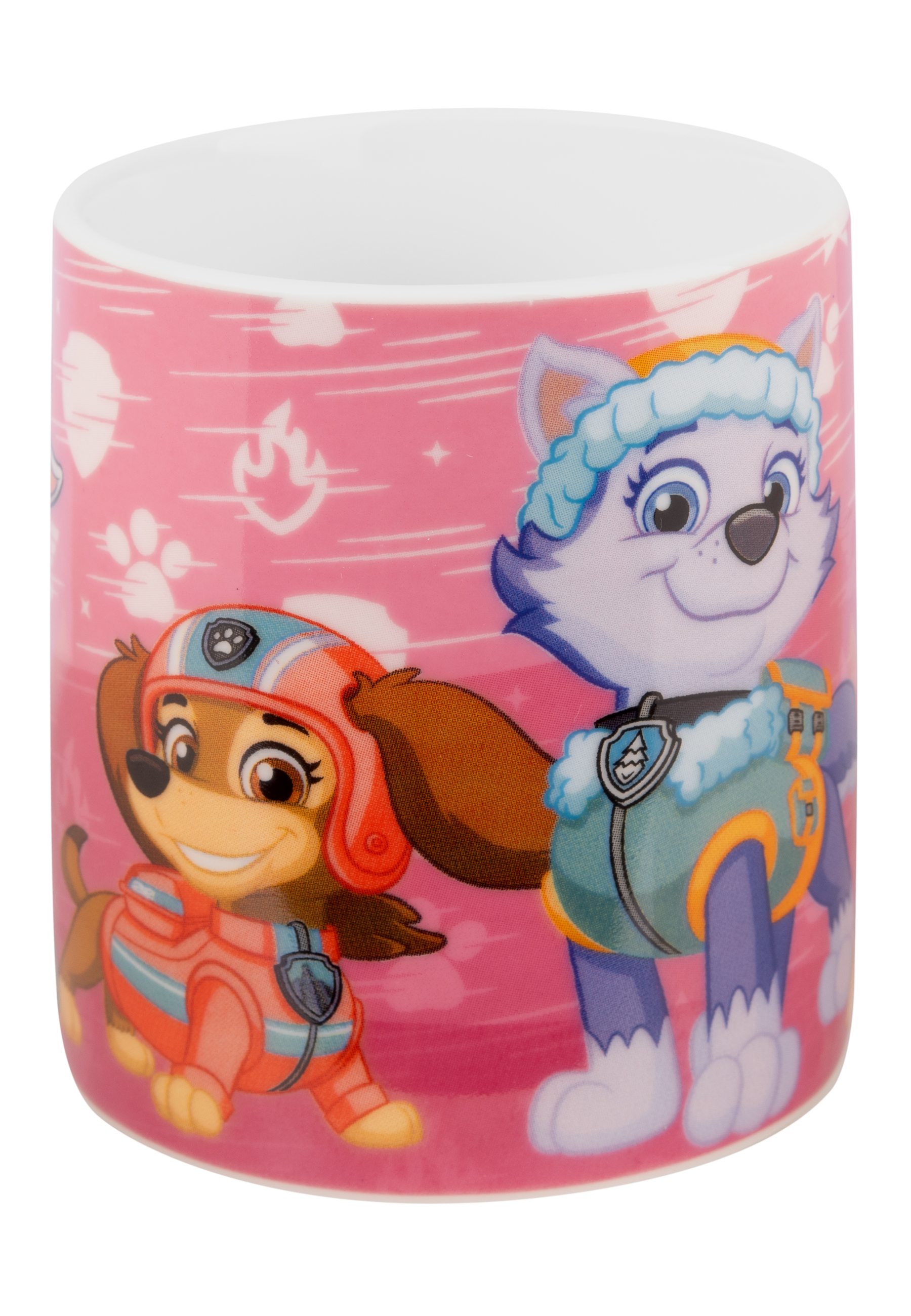 Eine Tasse mit Cartoonfiguren von Paw Patrol auf rosa Hintergrund.